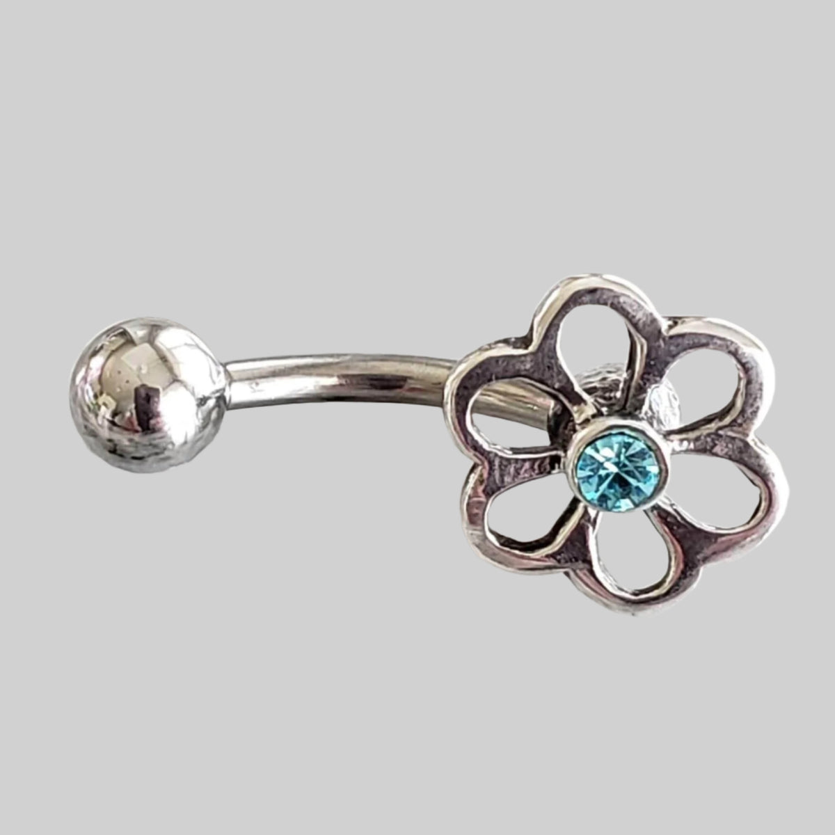  Silver Body Jewelry | Flower Belly Ring | Surgical Steel and 925 Silver | Aquamarine Crystal 