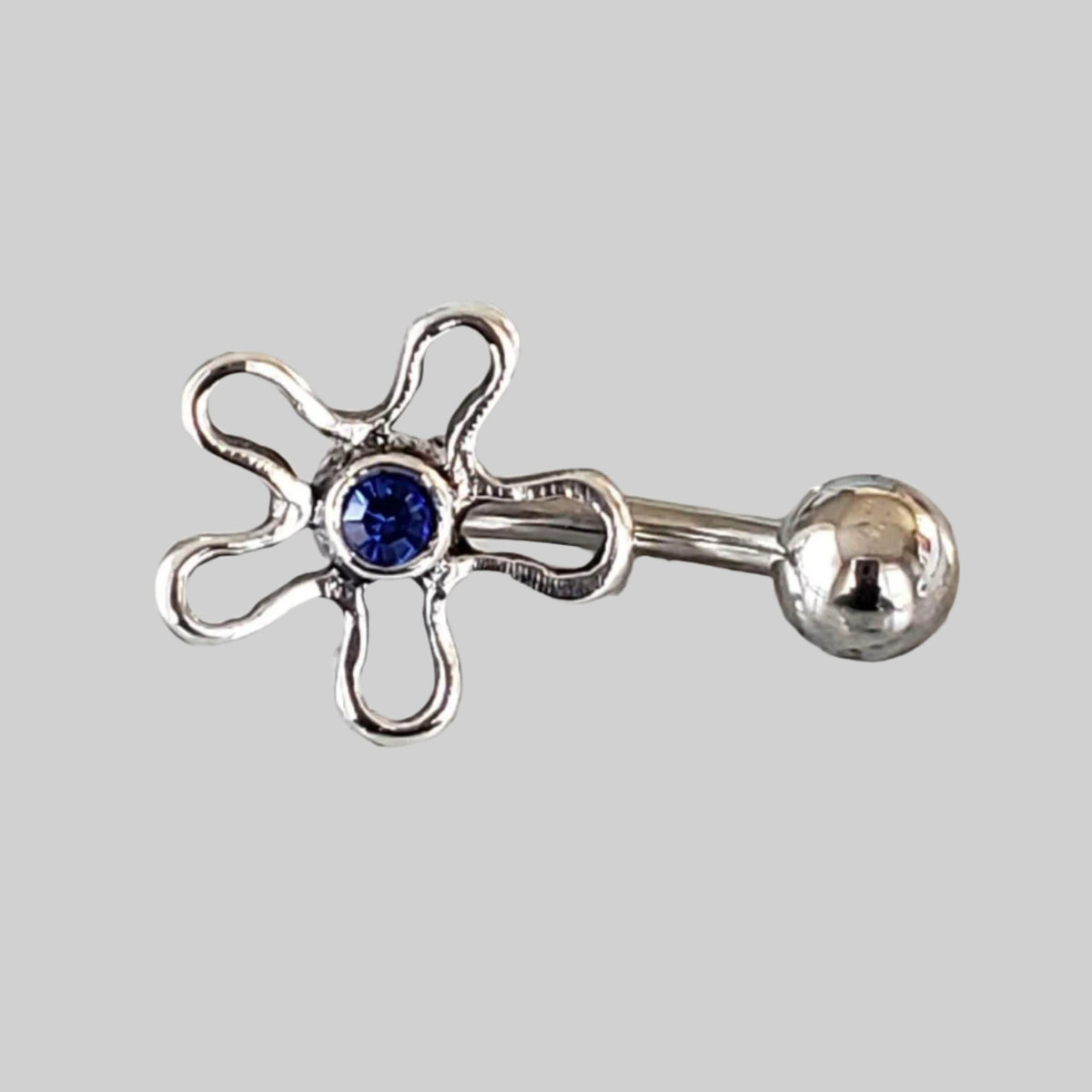  Silver Body Jewelry | Flower Belly Ring | Surgical Steel and 925 Silver | Sapphire Crystal 