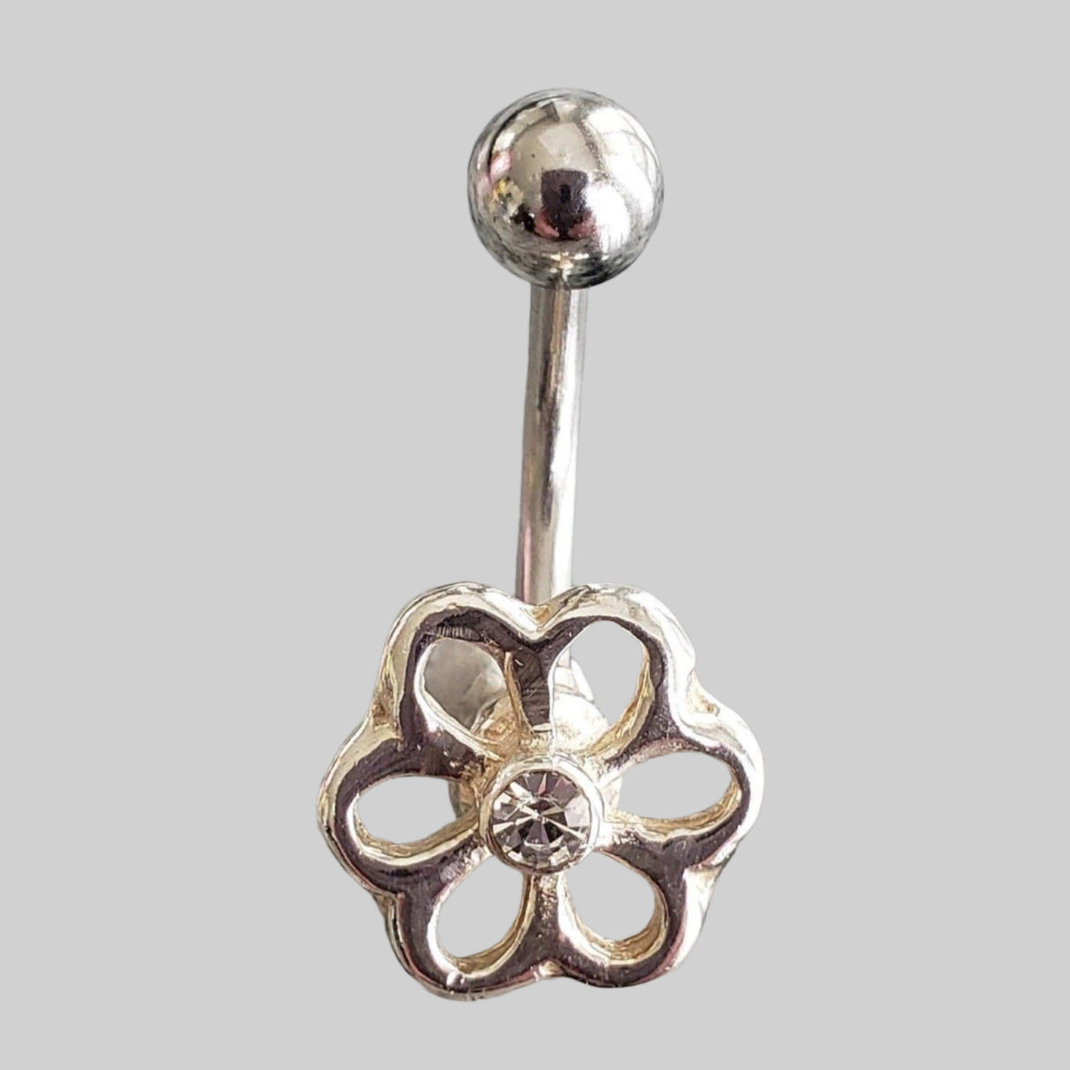 Silver Body Jewelry | Flower Belly Ring |  Surgical Steel and 925 Silver | White Sapphire Crystal 