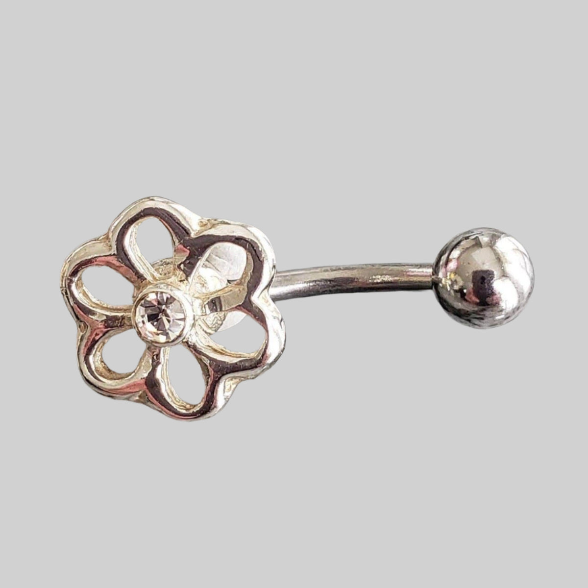  Silver Body Jewelry | Flower Belly Ring |  Surgical Steel and 925 Silver | White Sapphire Crystal 1