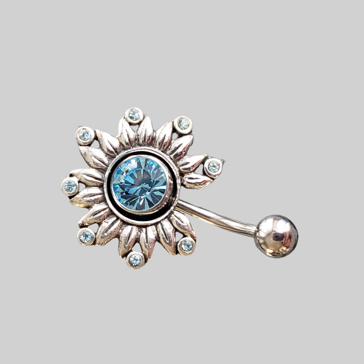  Silver Body Jewelry | Flower Belly Ring with Navel Shield | Surgical Steel and 925 Silver | Aquamarine Crystal 