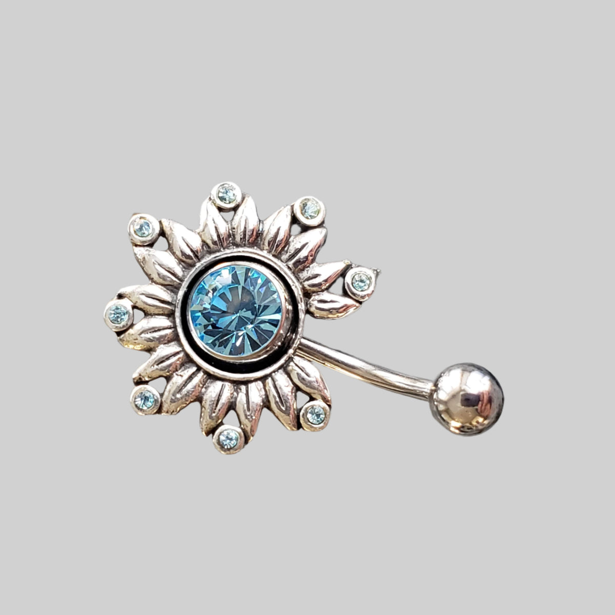  Silver Body Jewelry | Flower Belly Ring with Navel Shield | Surgical Steel and 925 Silver | Aquamarine Crystal 
