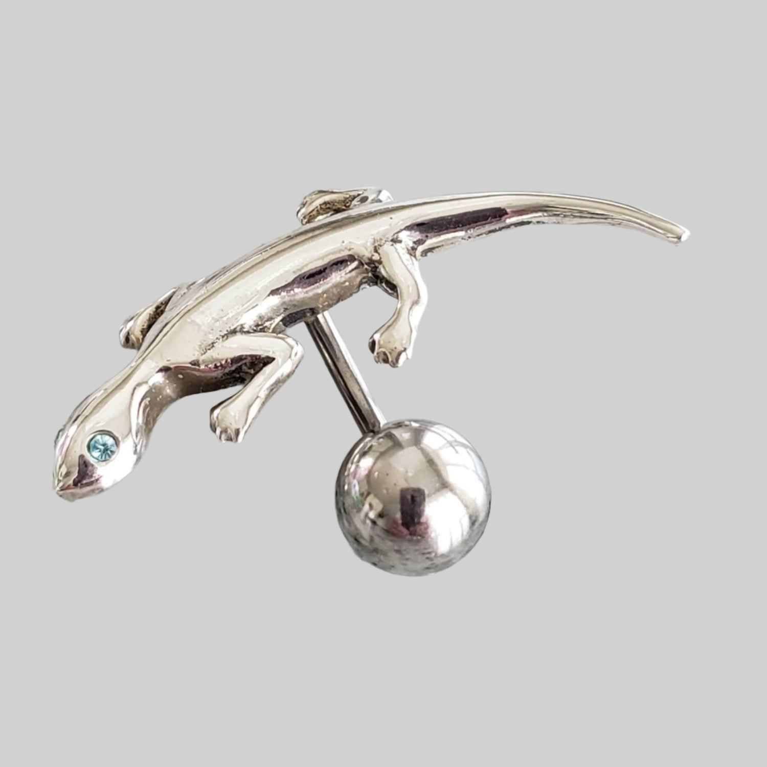  Silver Body Jewelry | Gecko Reverse Belly Ring | Surgical Steel and 925 Silver | Aquamarine Crystal 