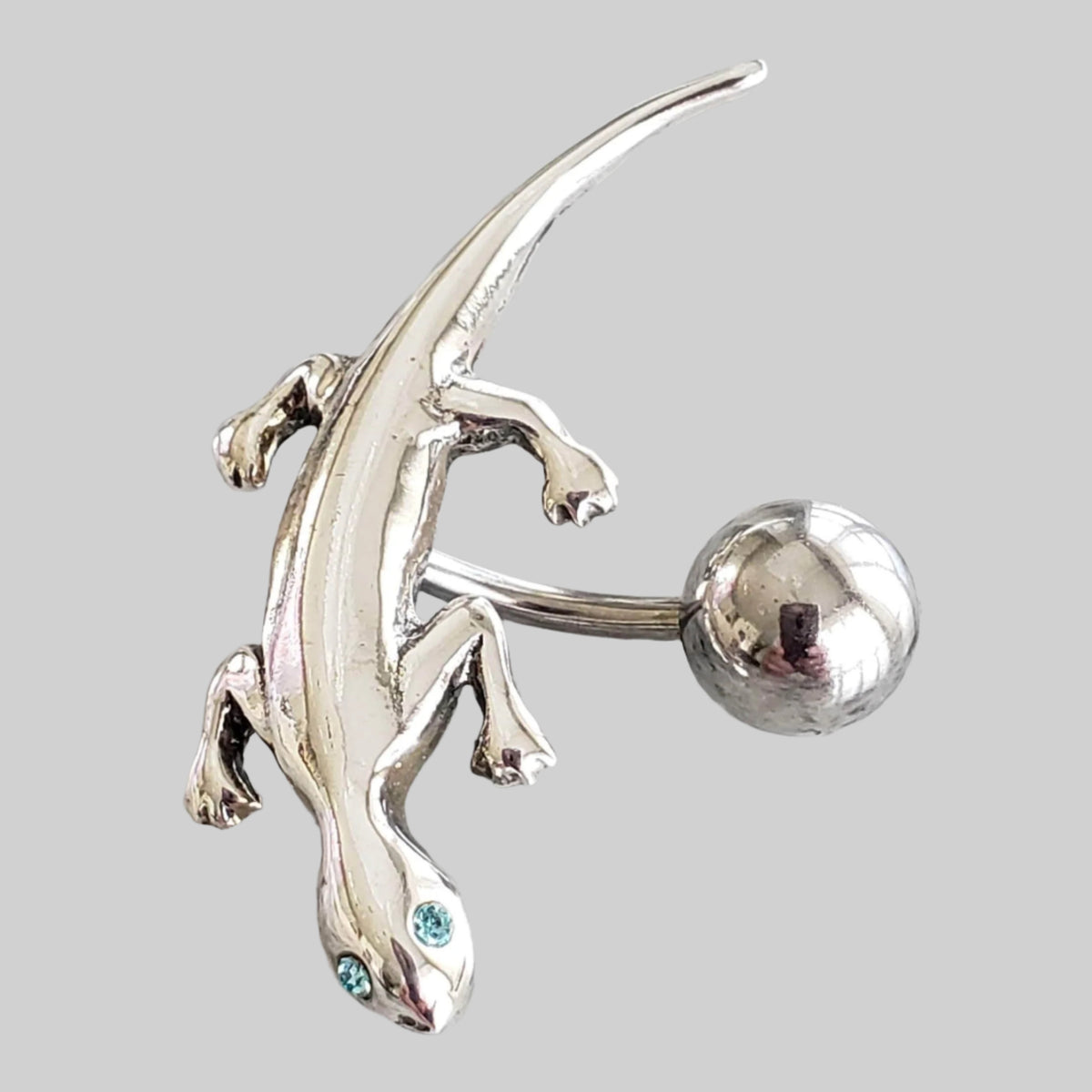  Silver Body Jewelry | Gecko Reverse Belly Ring | Surgical Steel and 925 Silver | Aquamarine Crystal 1