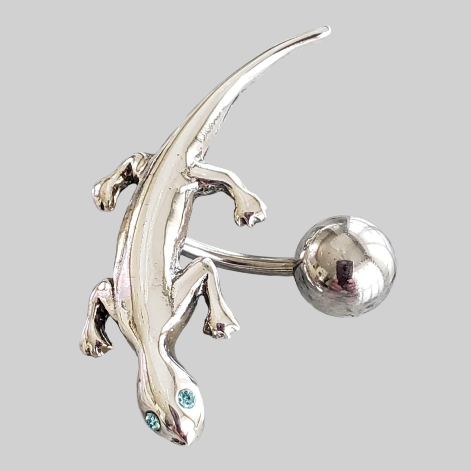  Silver Body Jewelry | Gecko Reverse Belly Ring | Surgical Steel and 925 Silver | Aquamarine Crystal 1