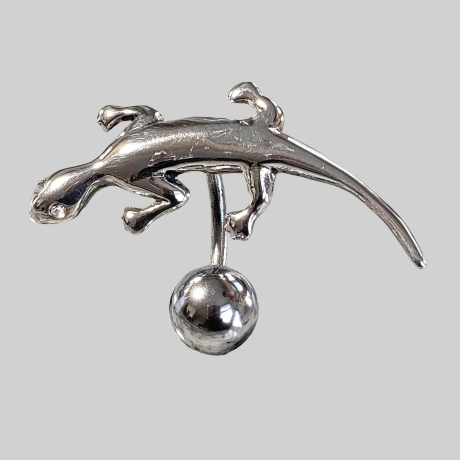  Silver Body Jewelry | Gecko Reverse Belly Ring | Surgical Steel and 925 Silver | White Sapphire Crystal 