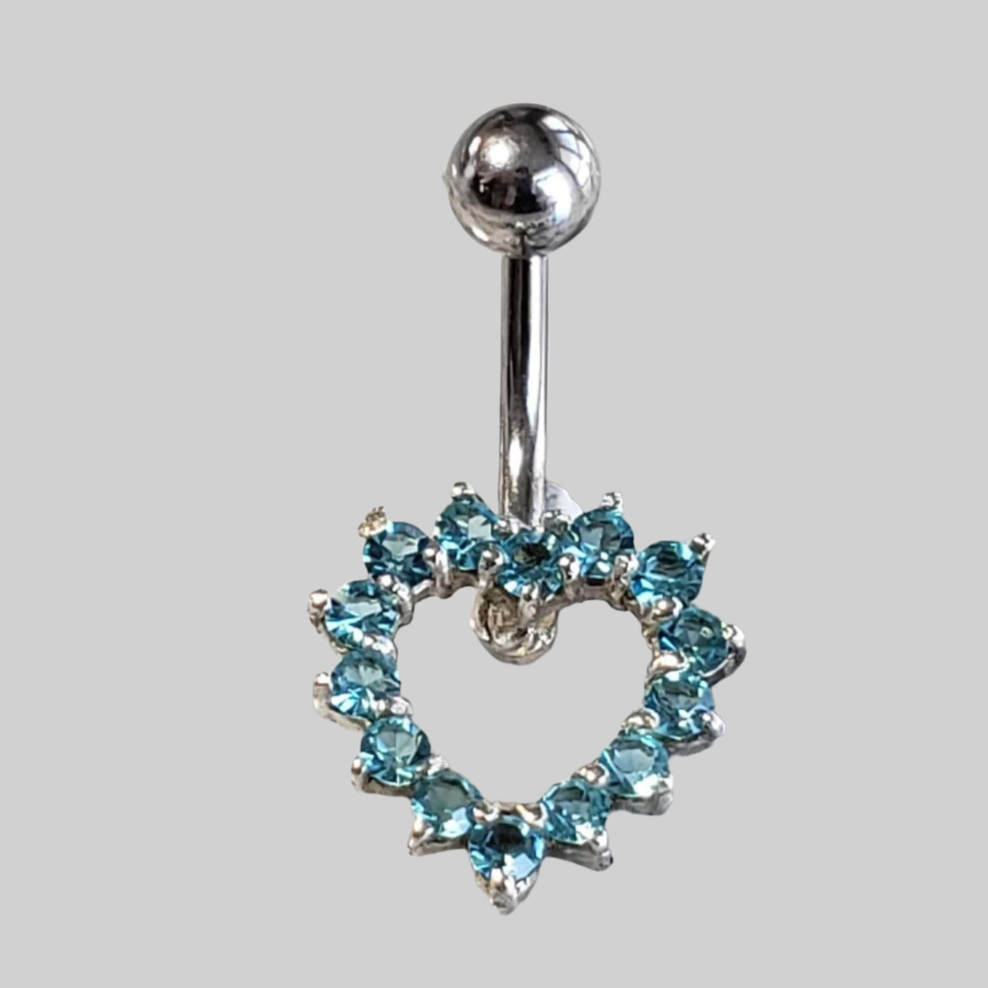  Silver Body Jewelry | Heart Shape Belly Ring | Surgical Steel and 925 Silver | Aquamarine Crystal 