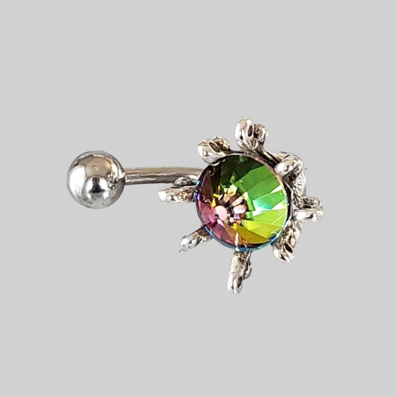  Silver Body Jewelry | Lotus Belly Ring | Surgical Steel and 925 Silver | Rainbow Crystal 
