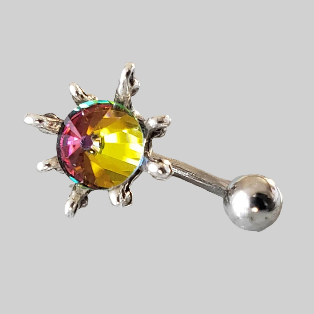  Silver Body Jewelry | Lotus Belly Ring | Surgical Steel and 925 Silver | Rainbow Crystal 2