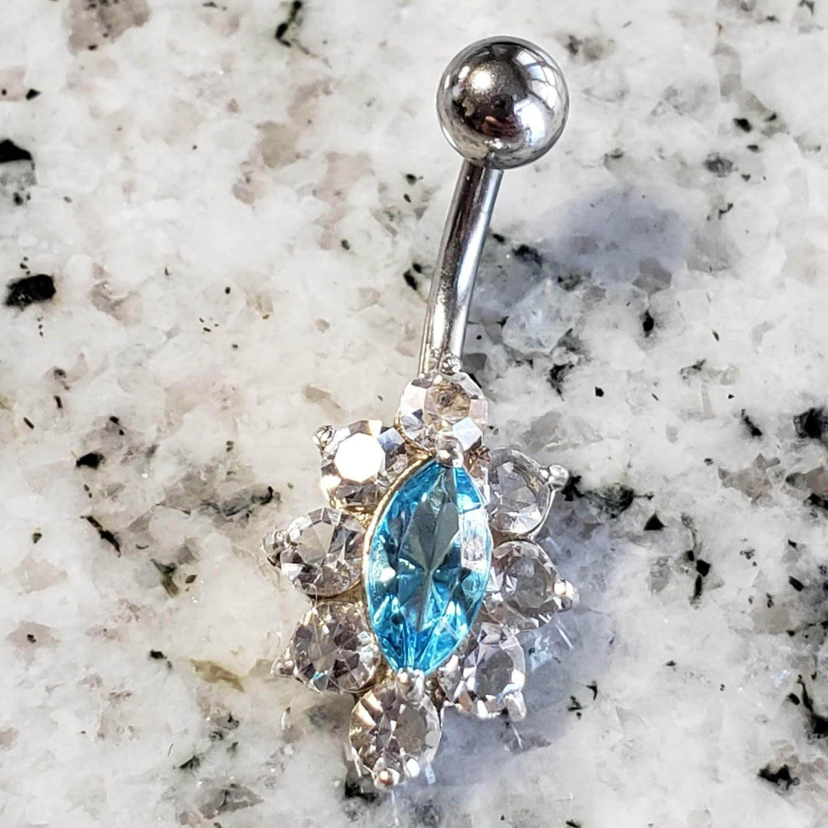  Silver Body Jewelry | Marquise Belly Ring |  Surgical Steel and 925 Silver | Aquamarine Crystal and Cubic Zirconia | SO24 1