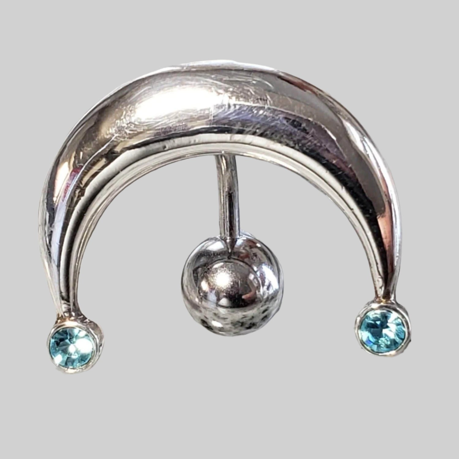  Silver Body Jewelry | Reverse Belly Ring | Surgical Steel and 925 Silver | Aquamarine Crystal 