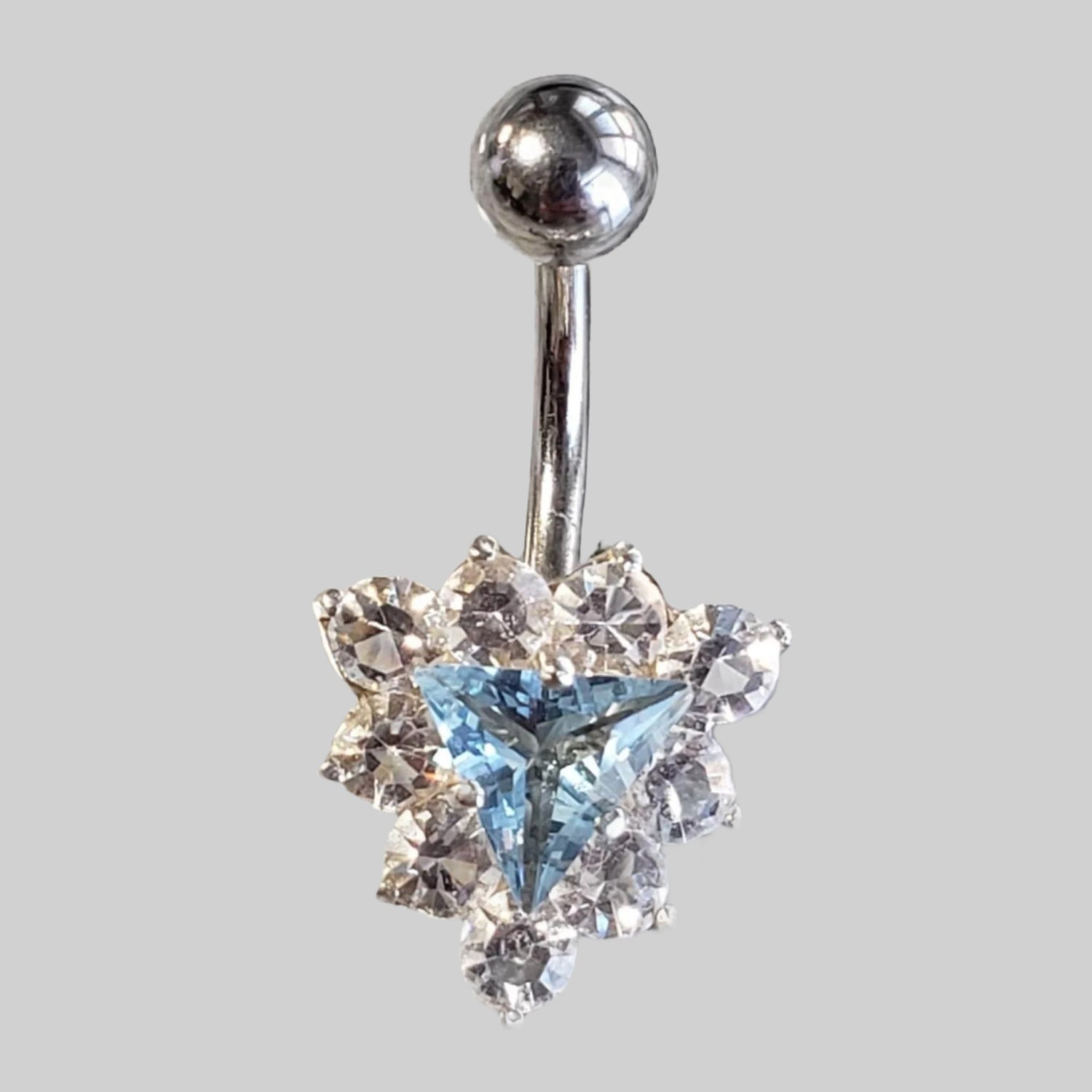  Silver Body Jewelry | Trilliant Belly Ring | Surgical Steel and 925 Silver | Aquamarine Crystal and Cubic Zirconia 