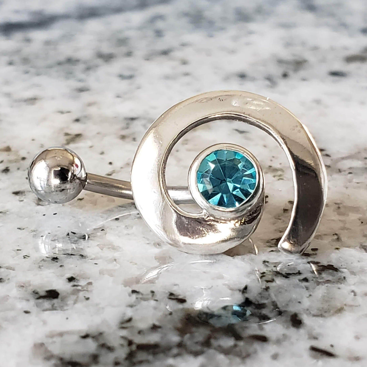  Silver Body Jewelry | Whorl Belly Ring | Surgical Steel and 925 Silver | Aquamarine Crystal | SO24 