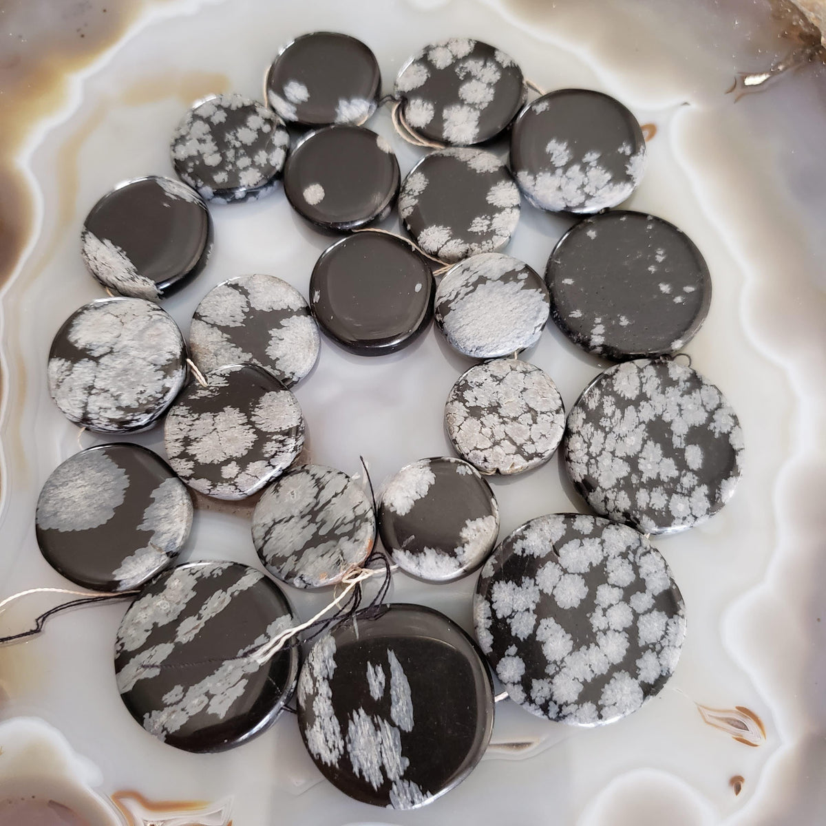  Snowflake Obsidian Gemstone Beads | 43 cm, 17 inch Strand | Coin Shape 