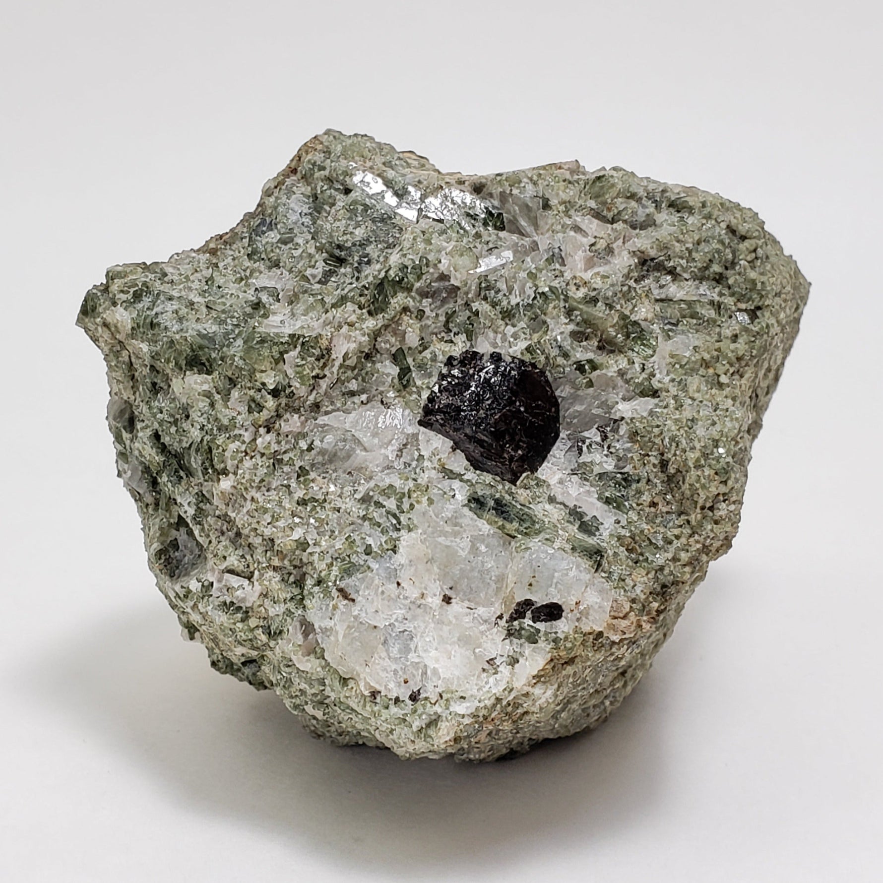  Titanite in Green Diopside matrix | Black Sphene with White Calcite Crystal | 454 grams | Bancroft, Ontario Canada 