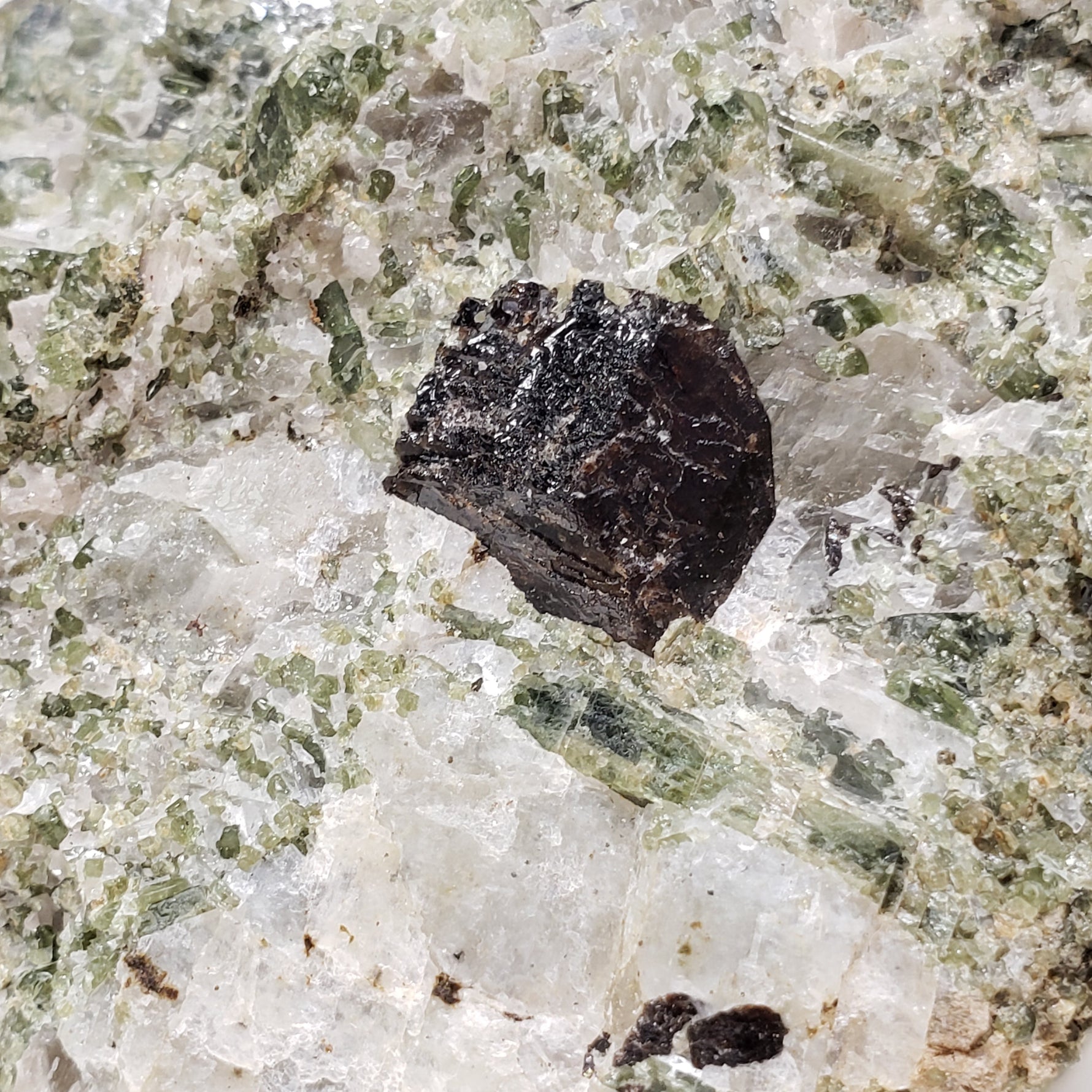  Titanite in Green Diopside matrix | Black Sphene with White Calcite Crystal | 454 grams | Bancroft, Ontario Canada 1