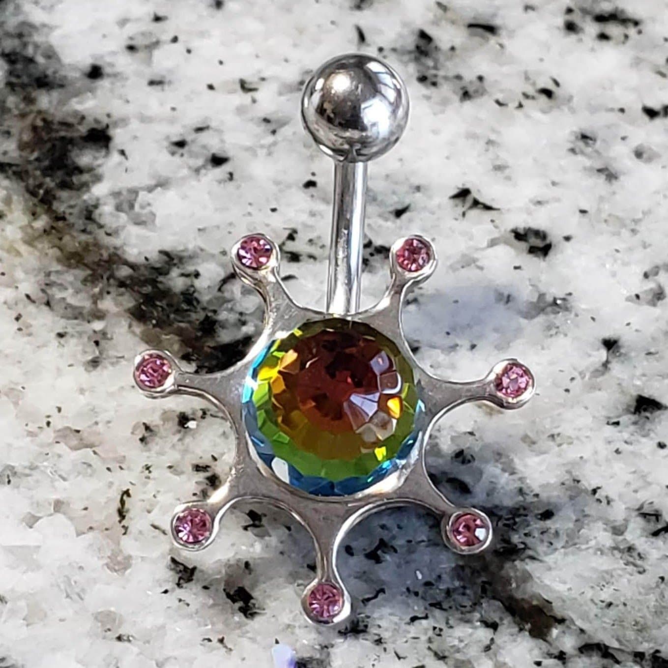 Belly Ring | Surgical Steel and 925 Silver | Rainbow and Tourmaline Crystal | Canagem.com