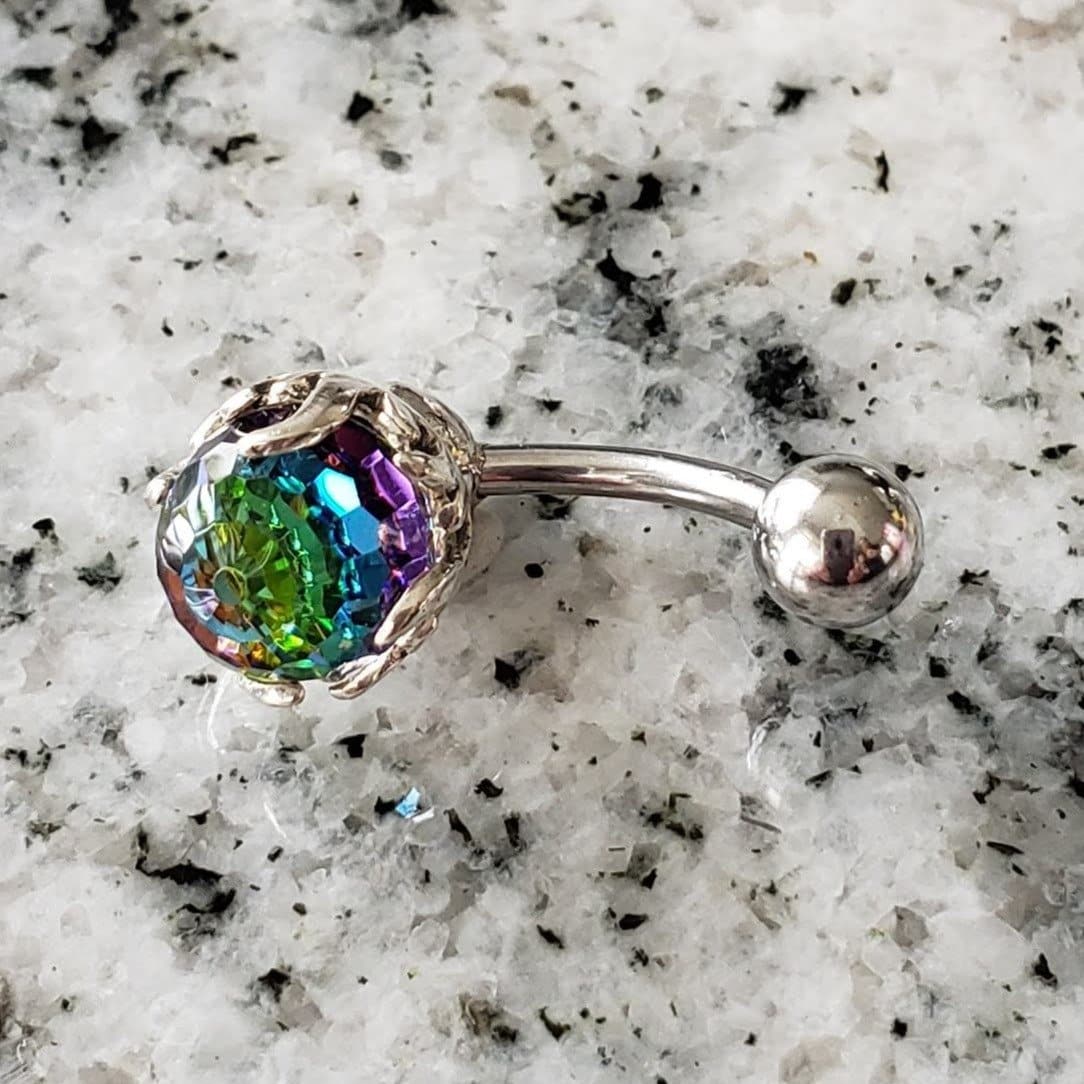 Belly Ring | Surgical Steel and 925 Silver | Rainbow Crystal | Canagem.com