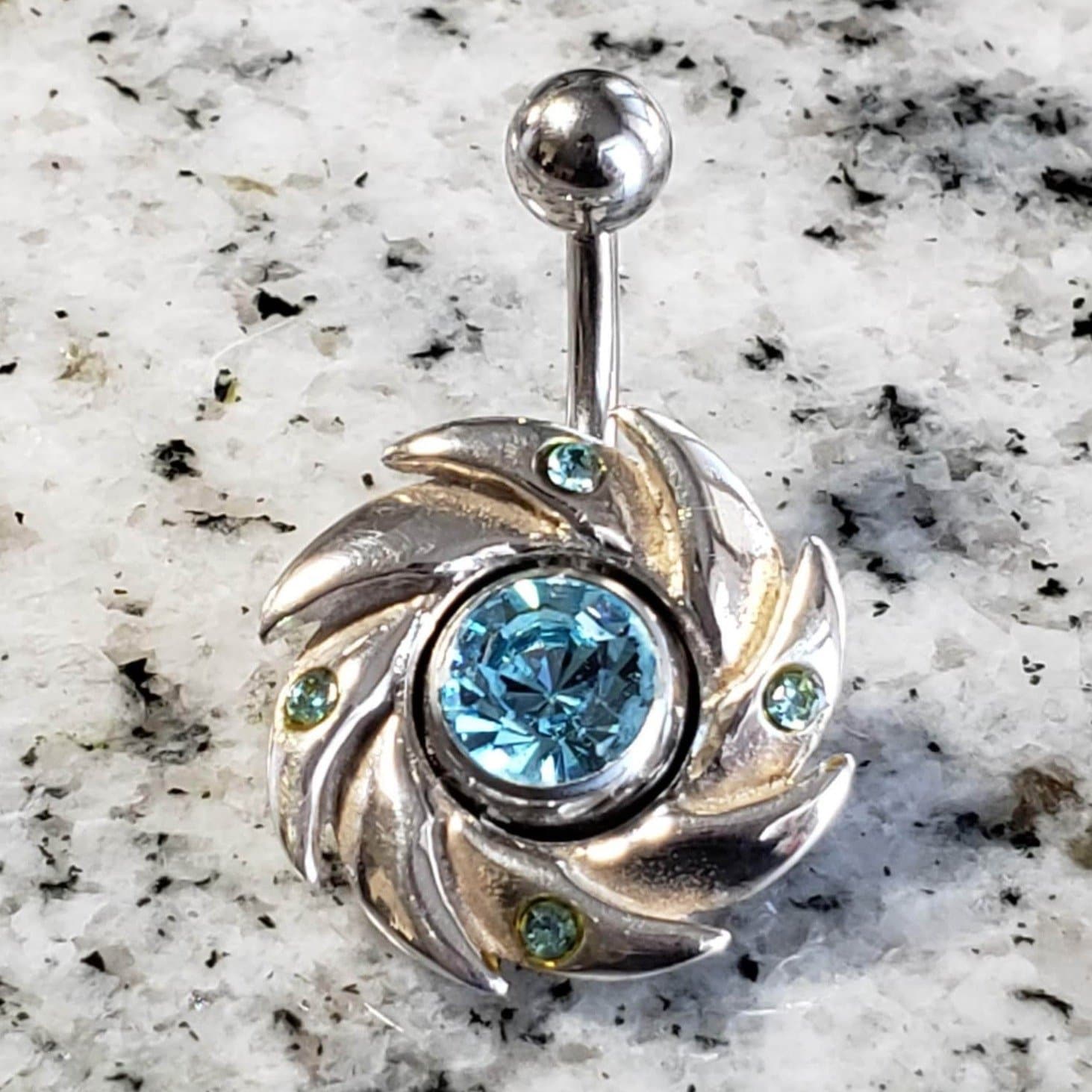 Belly Ring with Navel Shield | Surgical Steel and 925 Silver | Aquamarine Crystal