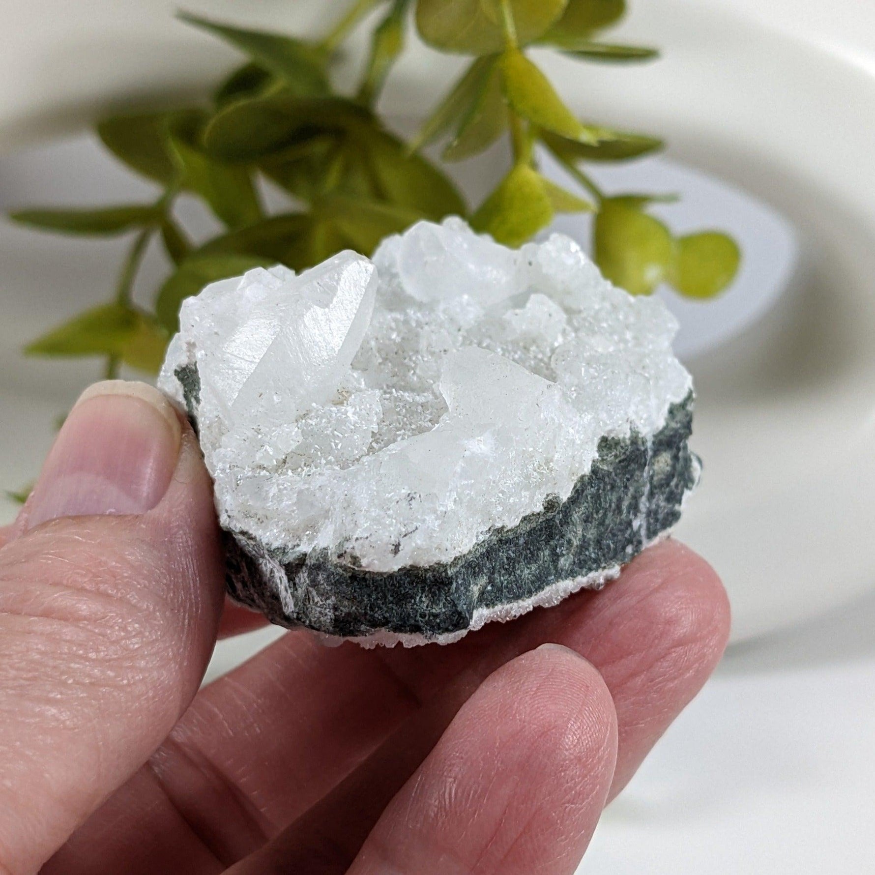 Calcite on Prehnite Crystal Cluster | 96 grams | Mumbai, India