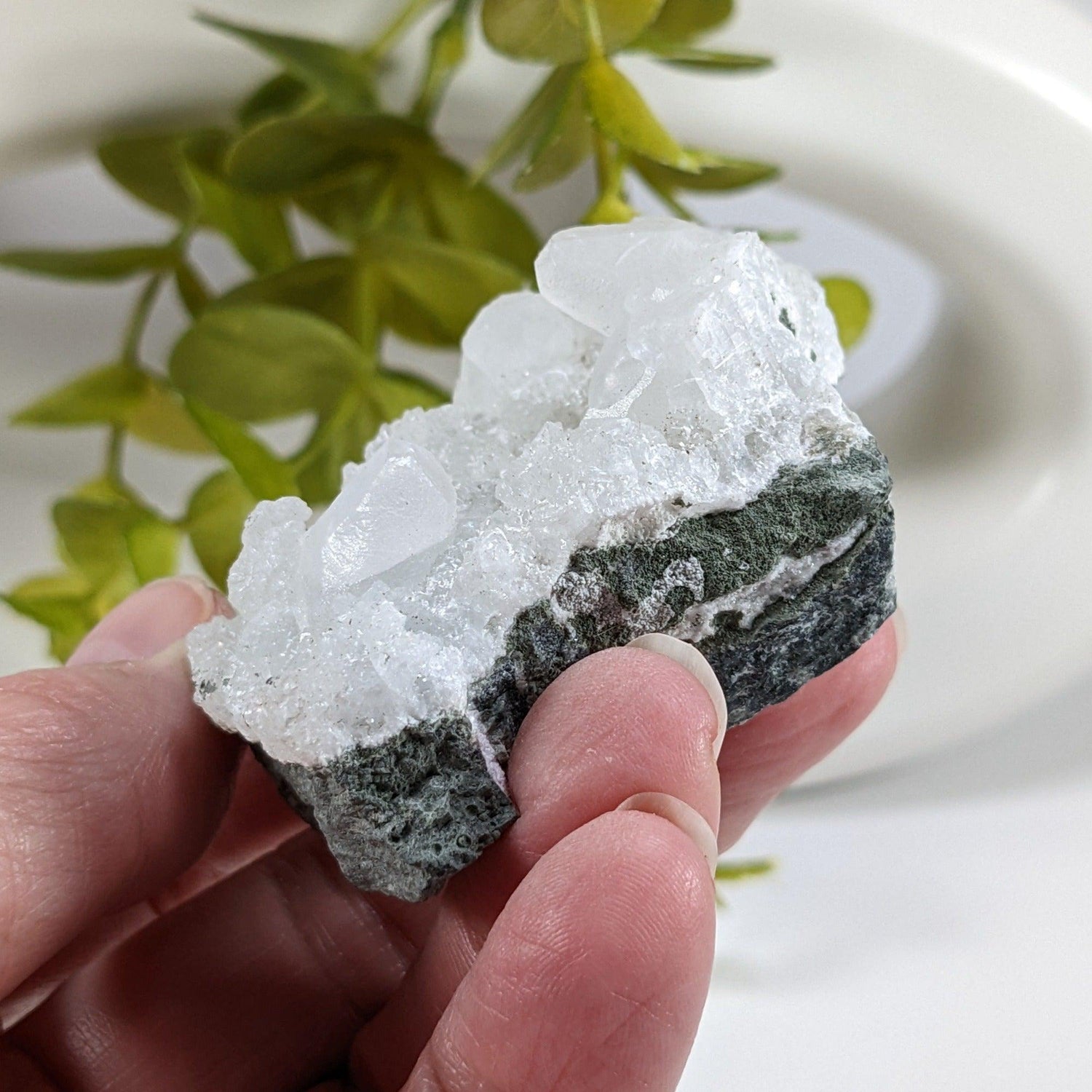 Calcite on Prehnite Crystal Cluster | 96 grams | Mumbai, India | Canagem.com