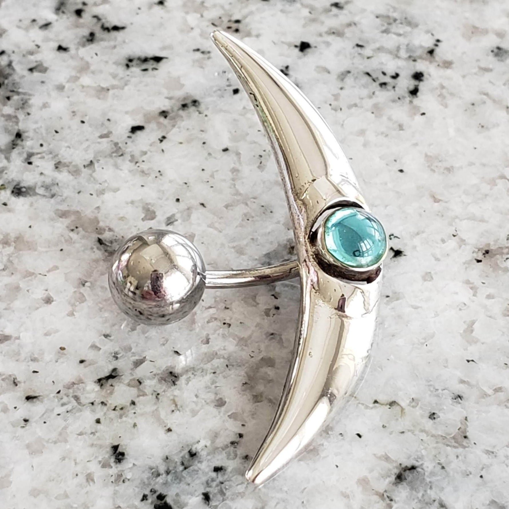 Crescent Shape Reverse Belly Ring | Surgical Steel and 925 Silver | Aquamarine Crystal