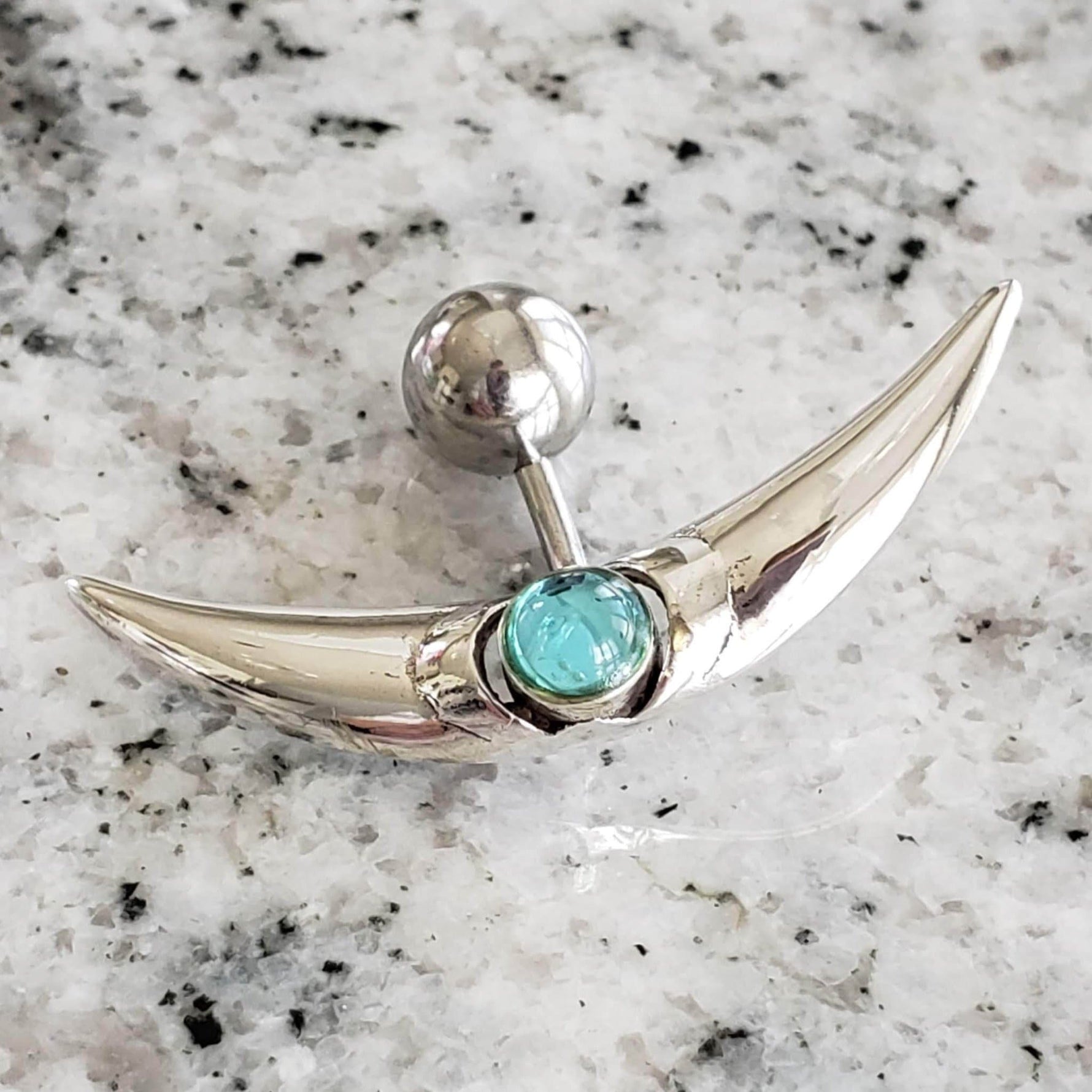 Crescent Shape Reverse Belly Ring | Surgical Steel and 925 Silver | Aquamarine Crystal
