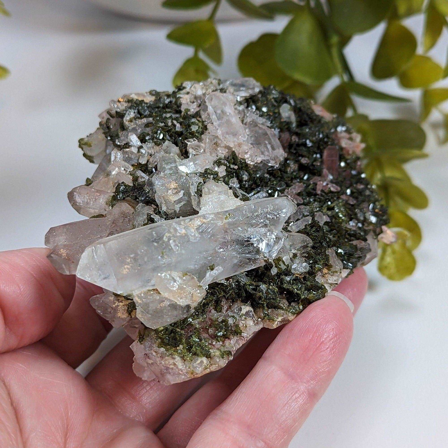 Deep Green Epidote Crystals and Quartz Points Cluster, 298 Gr. Mineral, Brazil