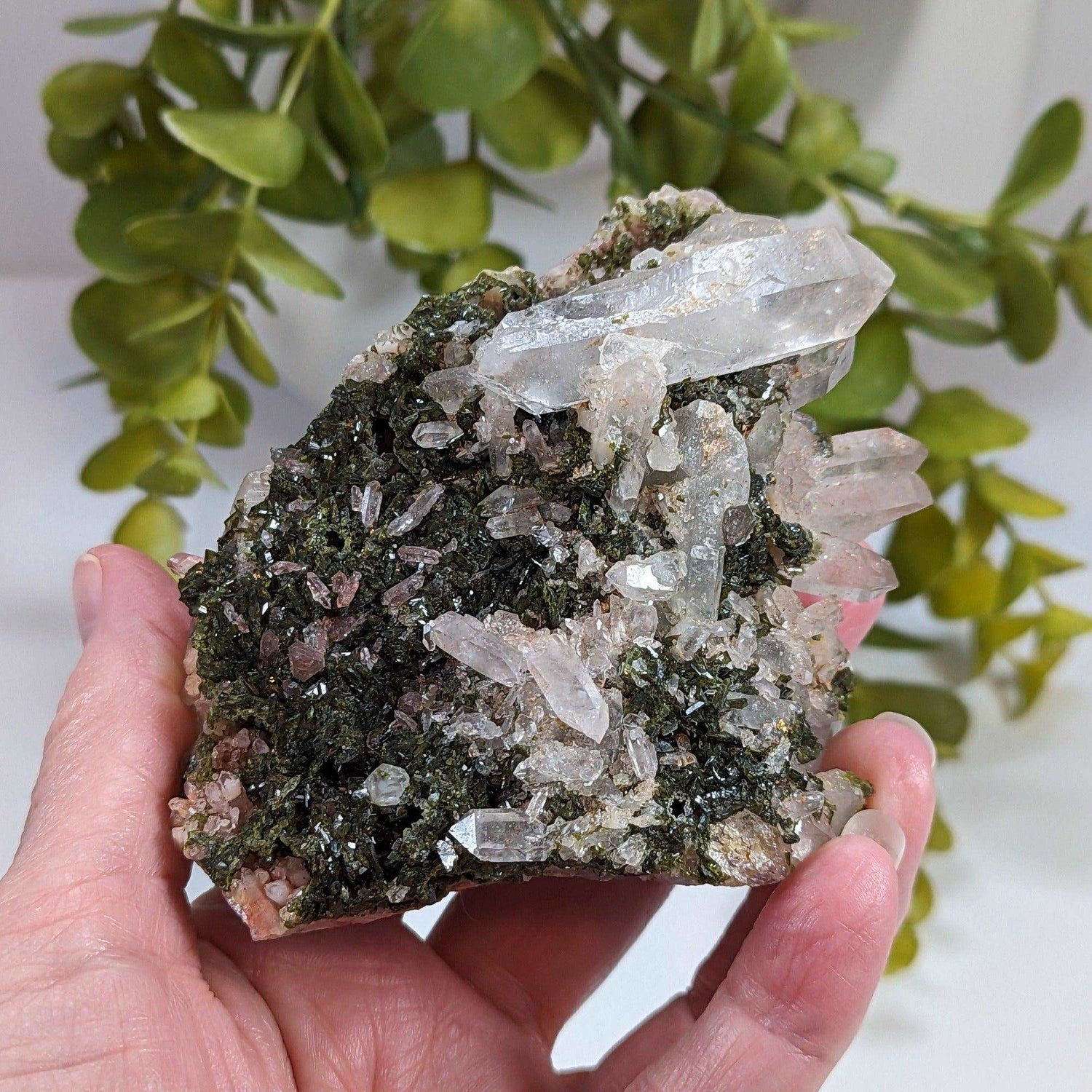 Deep Green Epidote Crystals and Quartz Points Cluster, 298 Gr. Mineral, Brazil