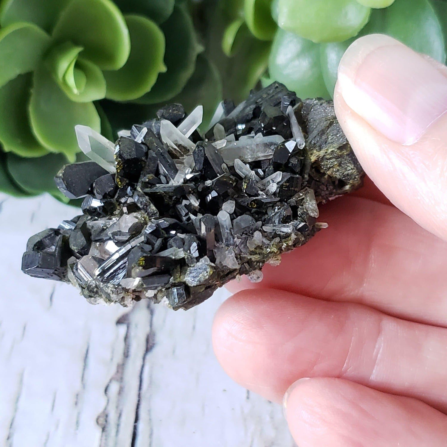 Deep Green Epidote Crystals and Quartz Points Cluster, 48.5 Gr. Mineral, Alaska