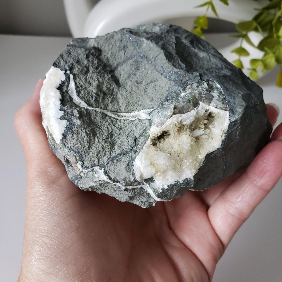 Dog Tooth Calcite on Quartz with Laumontite in Geode | 1.34 KG | Dindoshi, India | Canagem.com