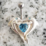 Dolphin Belly Ring | Surgical Steel and 925 Silver | Aquamarine Crystal