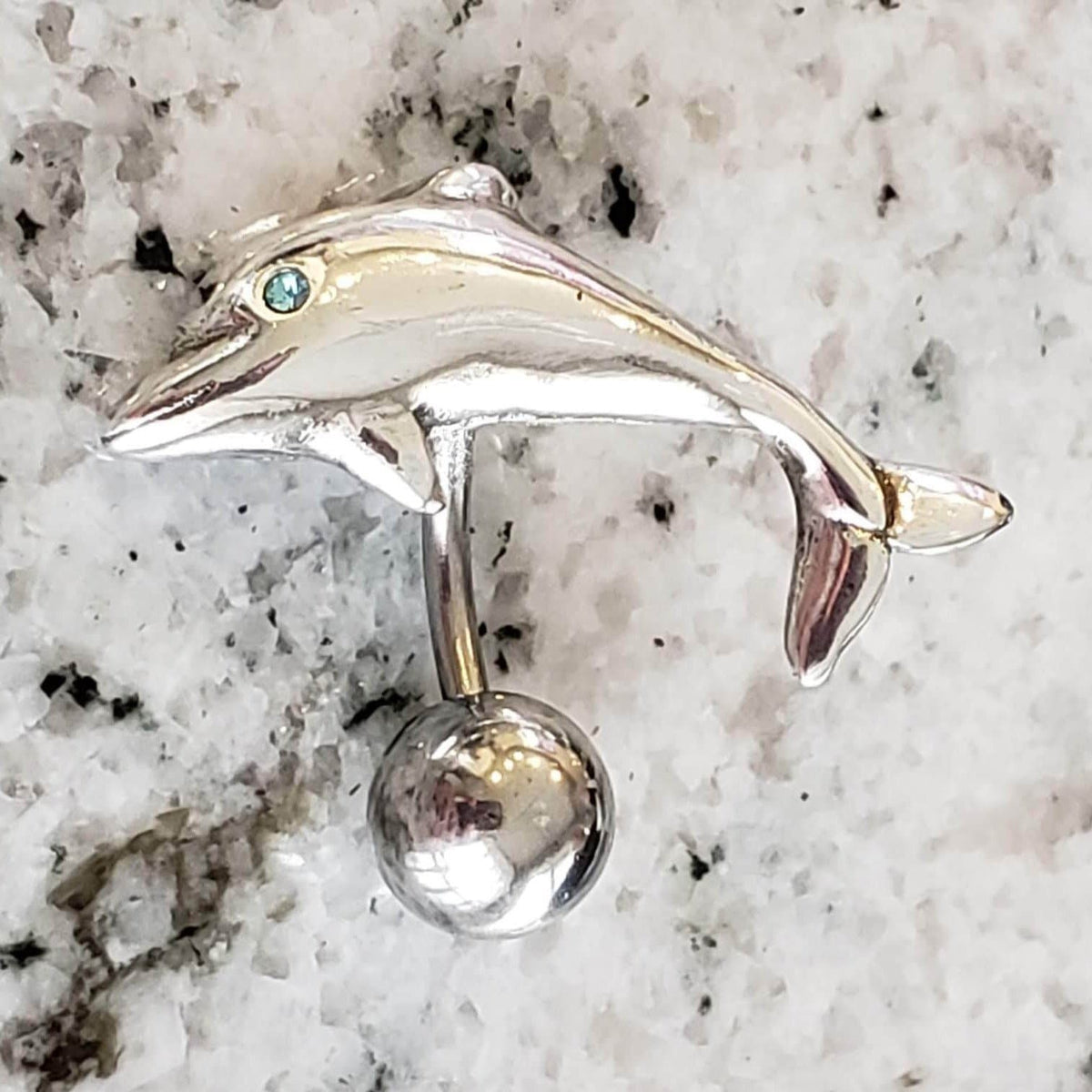 Dolphin Reverse Belly Ring |  Surgical Steel and 925 Silver | Aquamarine Crystal