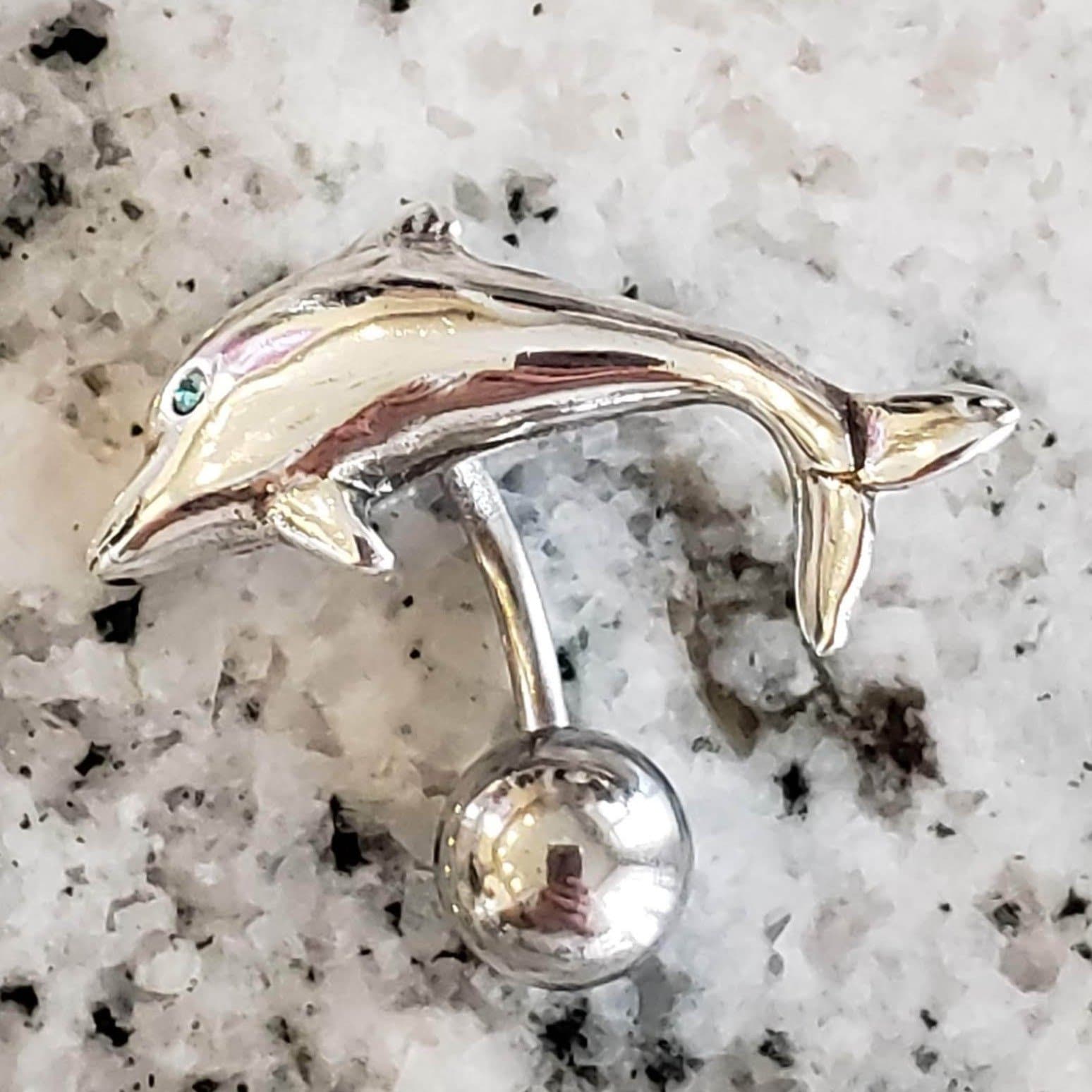 Dolphin Reverse Belly Ring |  Surgical Steel and 925 Silver | Aquamarine Crystal