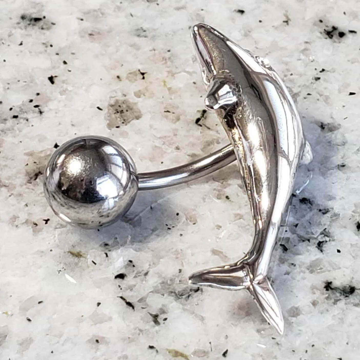 Dolphin Reverse Belly Ring | Surgical Steel and 925 Silver | White Sapphire Crystal | Canagem.com