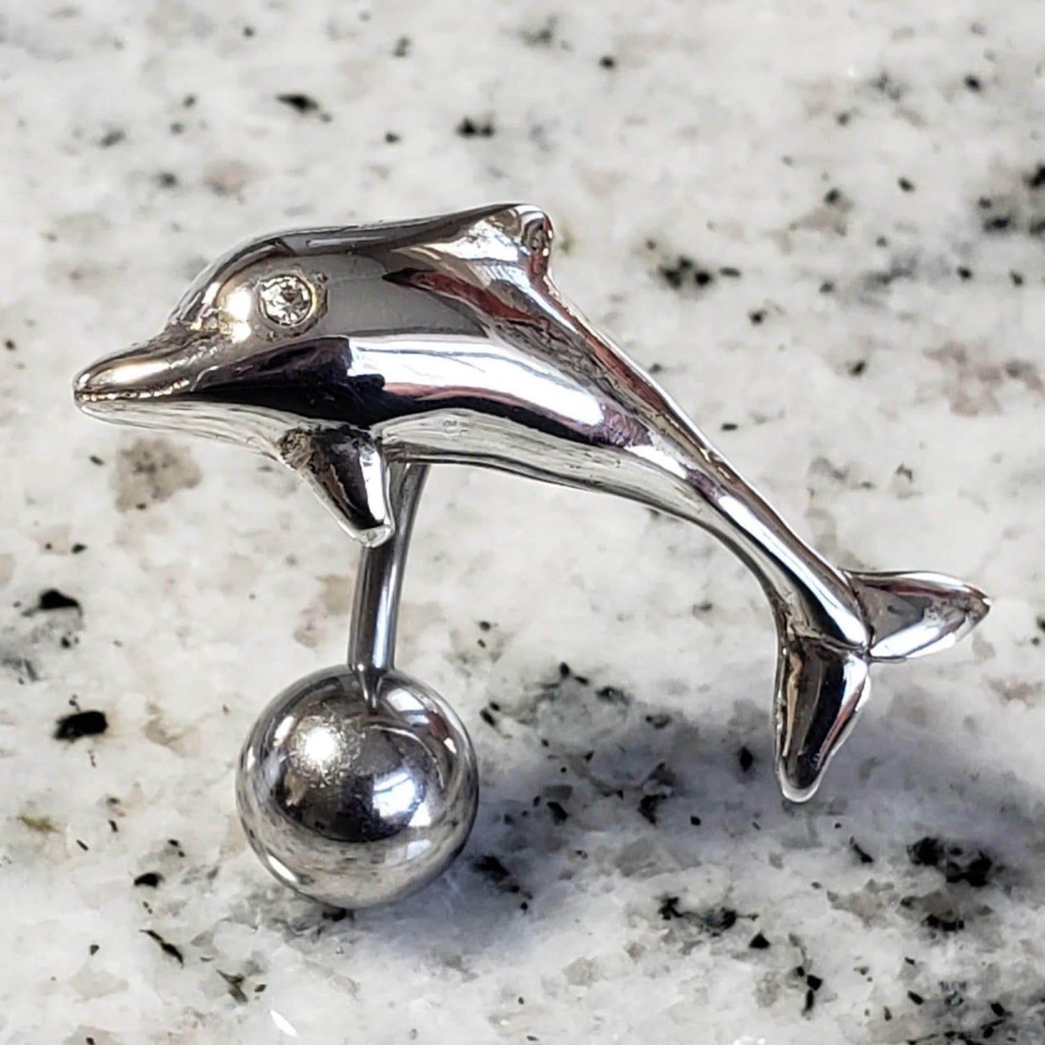 Dolphin Reverse Belly Ring | Surgical Steel and 925 Silver | White Sapphire Crystal | Canagem.com