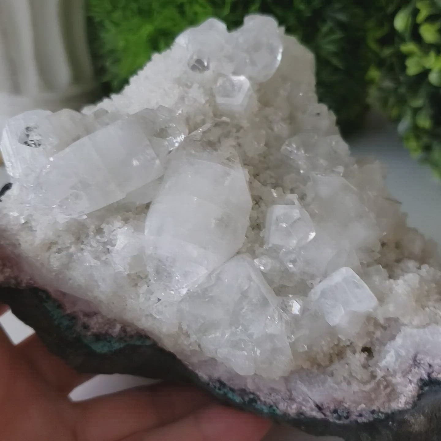 Large Clear Apophyllite Crystal Cluster on White Stilbite Druse, 1.12 kg, Jalgaon, India