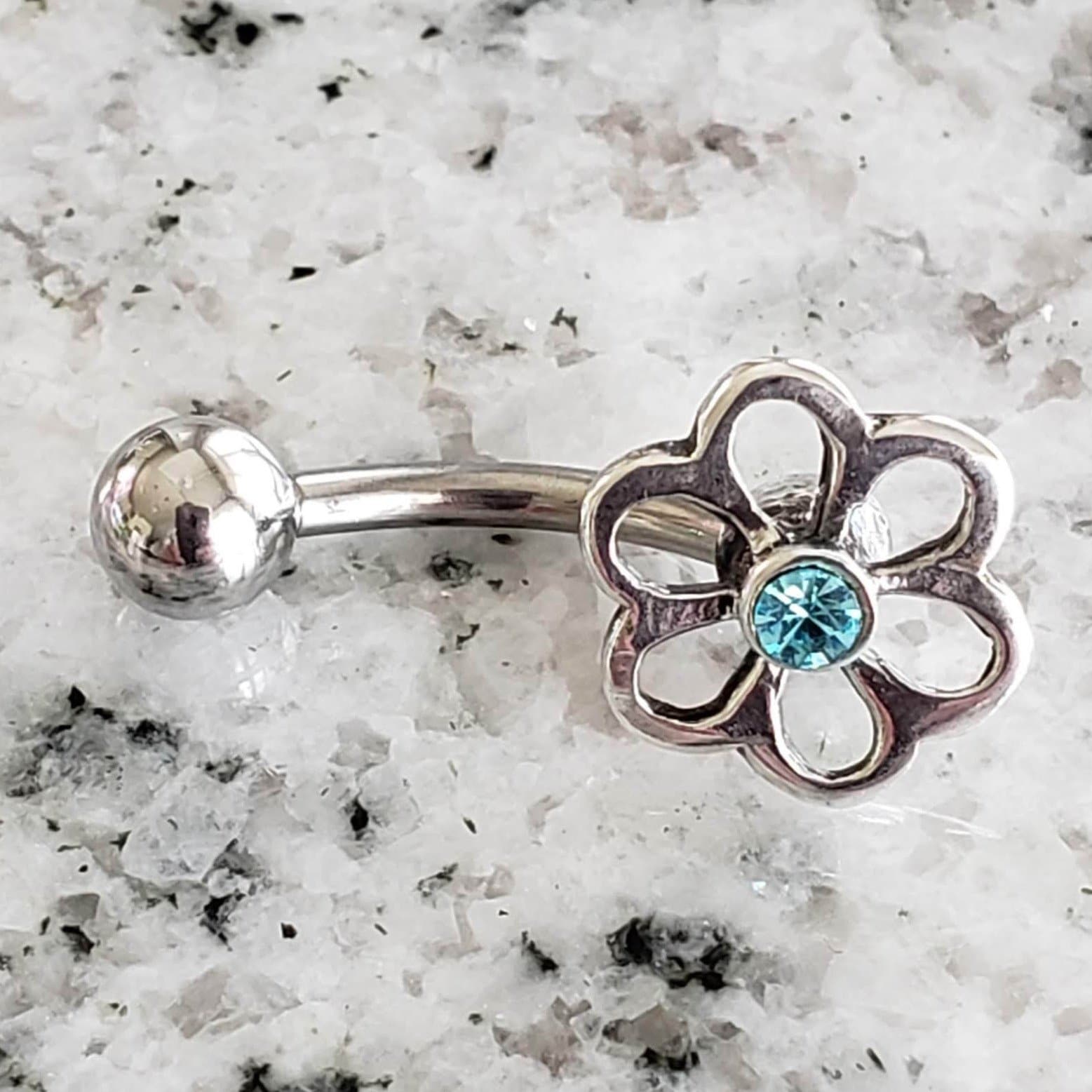 Flower Belly Ring | Surgical Steel and 925 Silver | Aquamarine Crystal