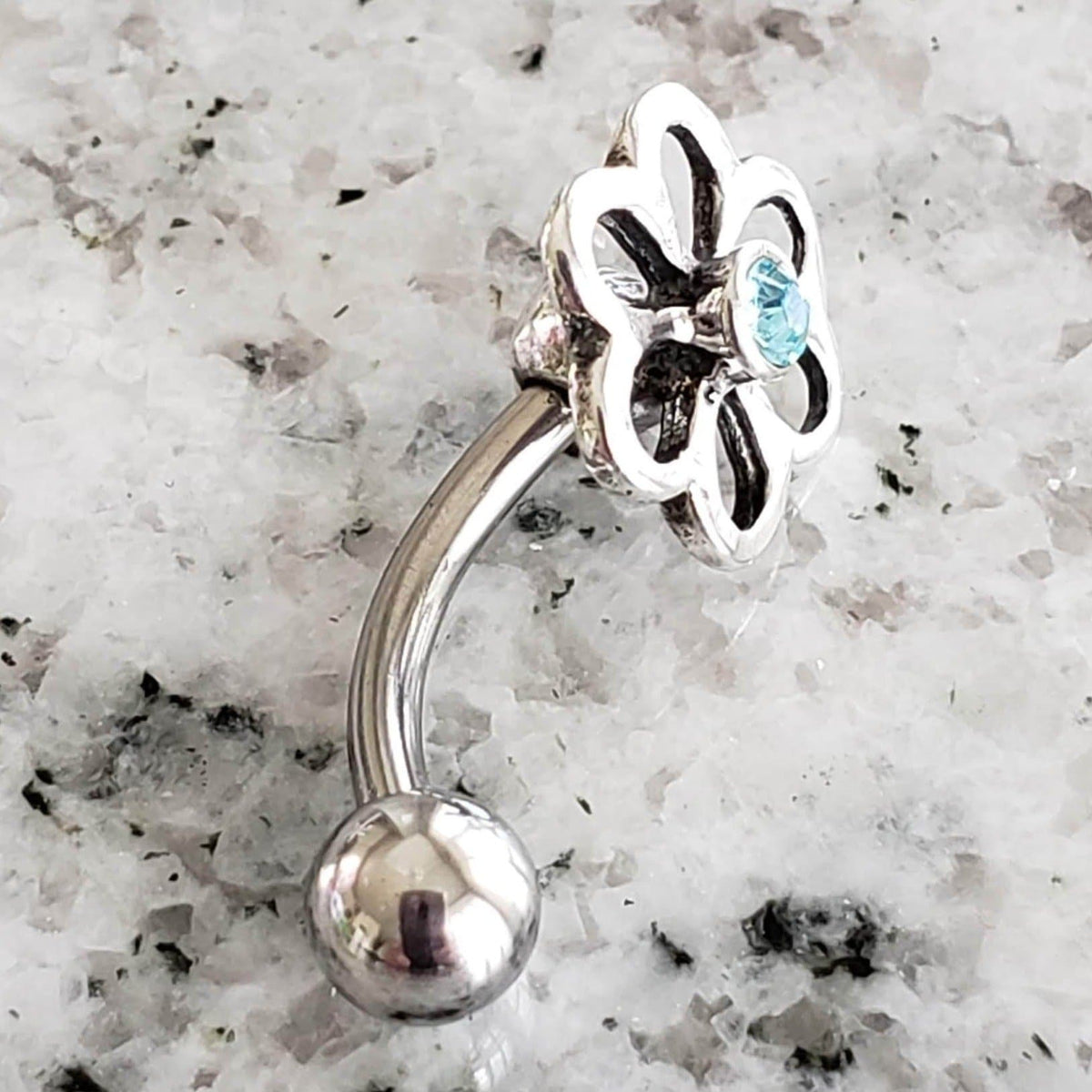 Flower Belly Ring | Surgical Steel and 925 Silver | Aquamarine Crystal