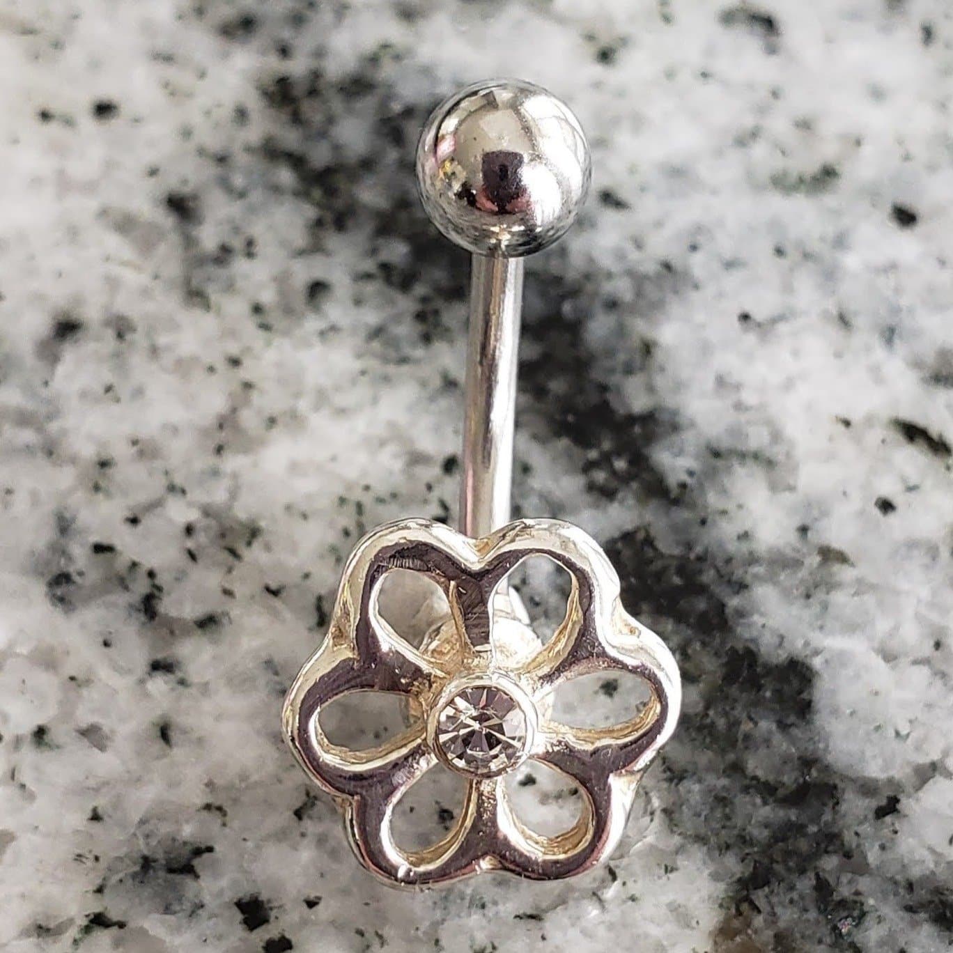 Flower Belly Ring | Surgical Steel and 925 Silver | White Sapphire Crystal | Canagem.com