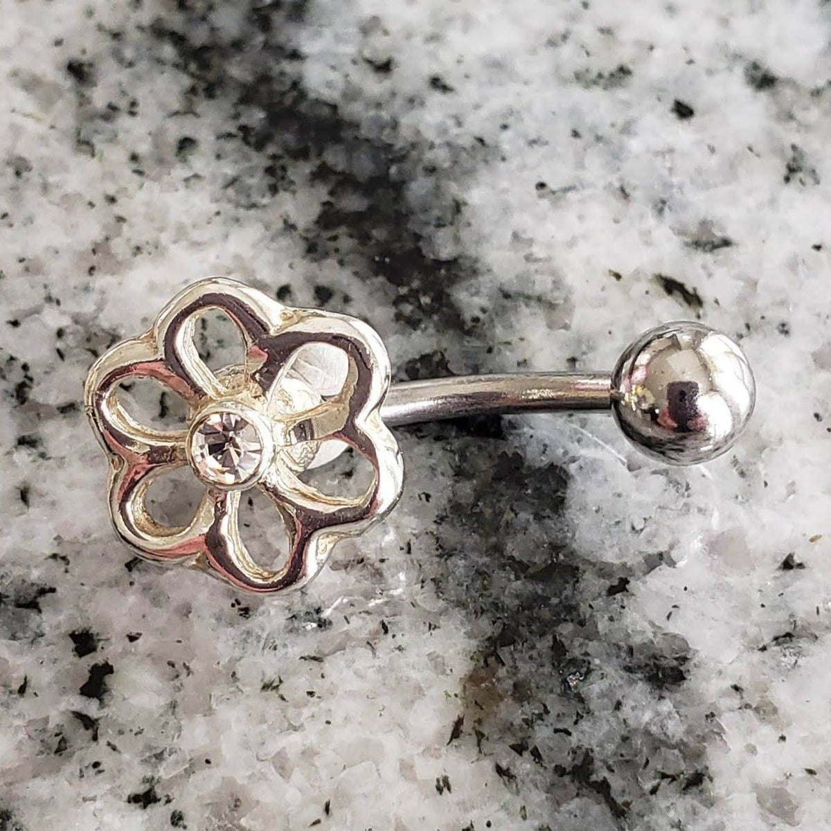 Flower Belly Ring |  Surgical Steel and 925 Silver | White Sapphire Crystal