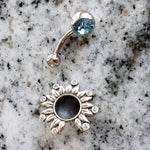 Flower Belly Ring with Navel Shield | Surgical Steel and 925 Silver | Aquamarine Crystal