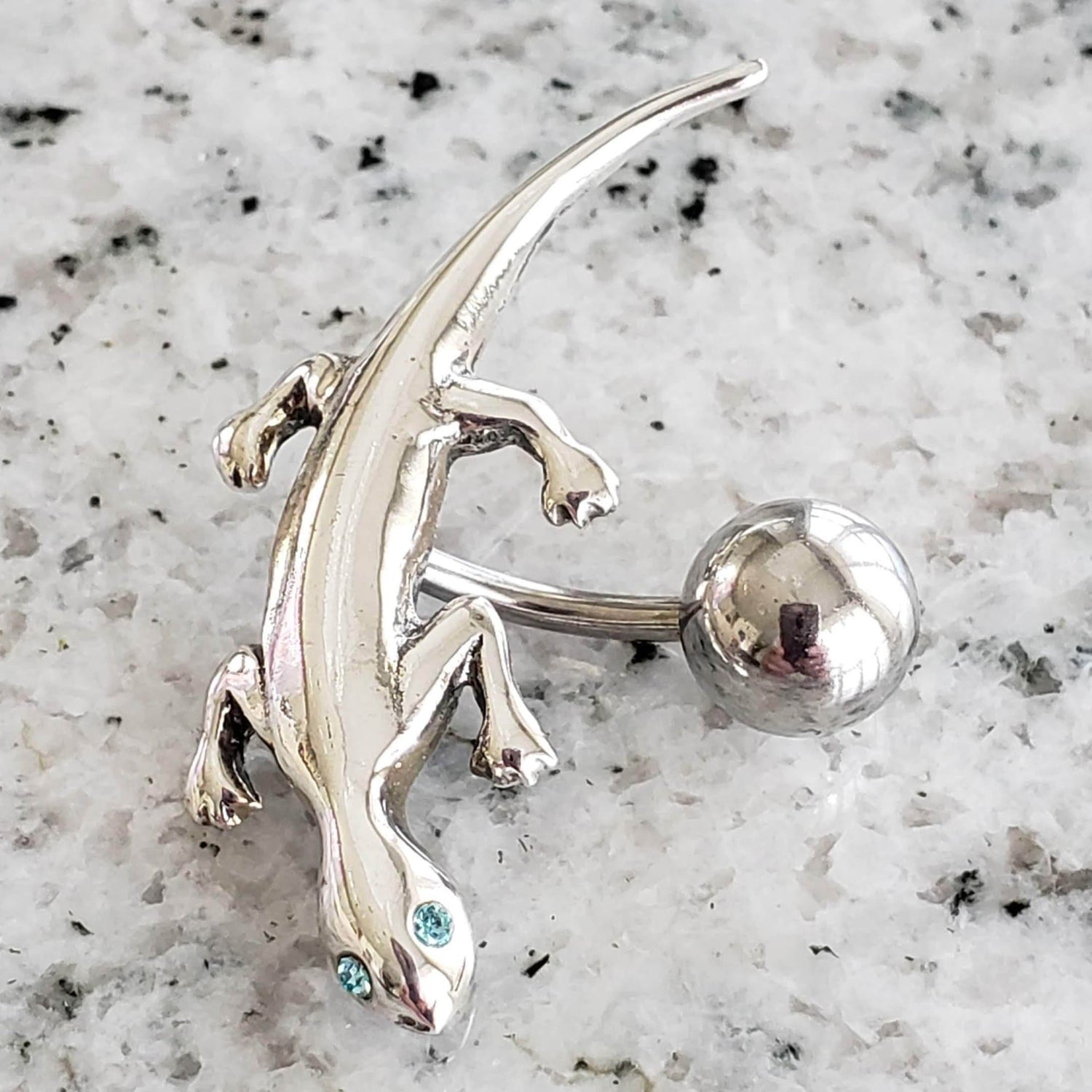 Gecko Reverse Belly Ring | Surgical Steel and 925 Silver | Aquamarine Crystal | Canagem.com