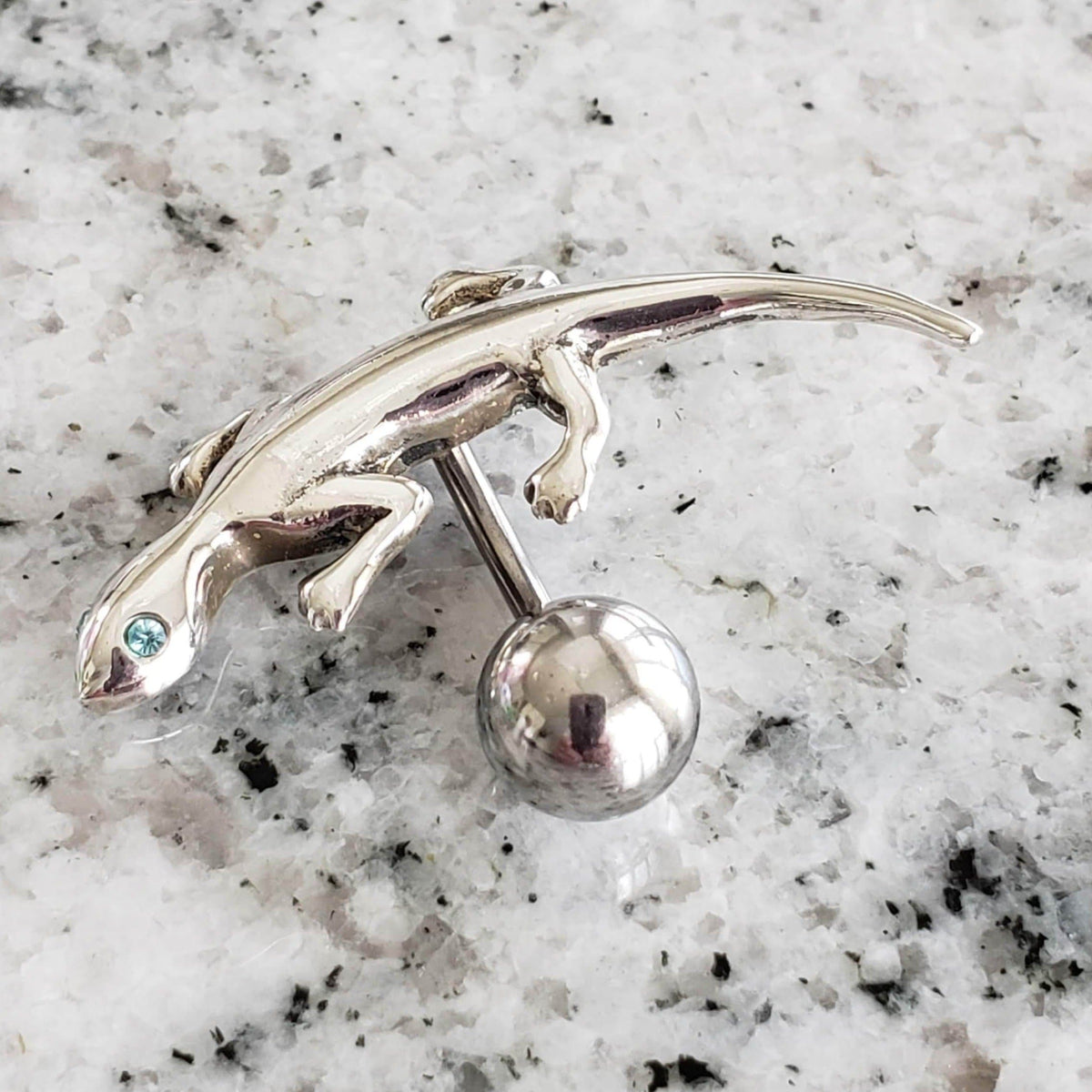 Gecko Reverse Belly Ring | Surgical Steel and 925 Silver | Aquamarine Crystal