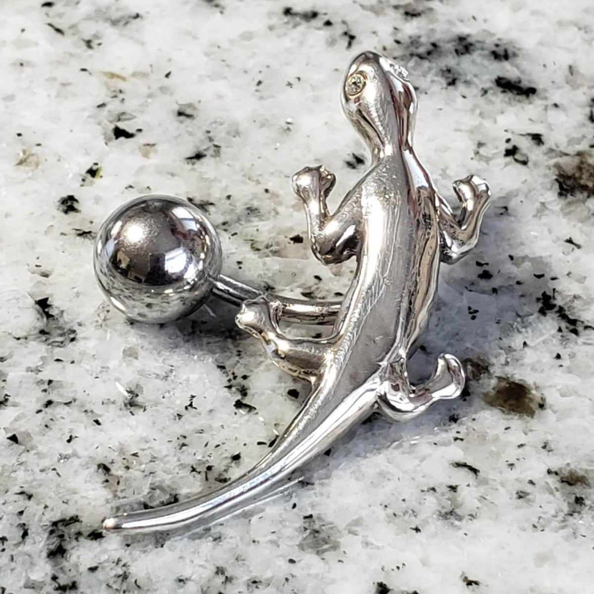 Gecko Reverse Belly Ring | Surgical Steel and 925 Silver | White Sapphire Crystal