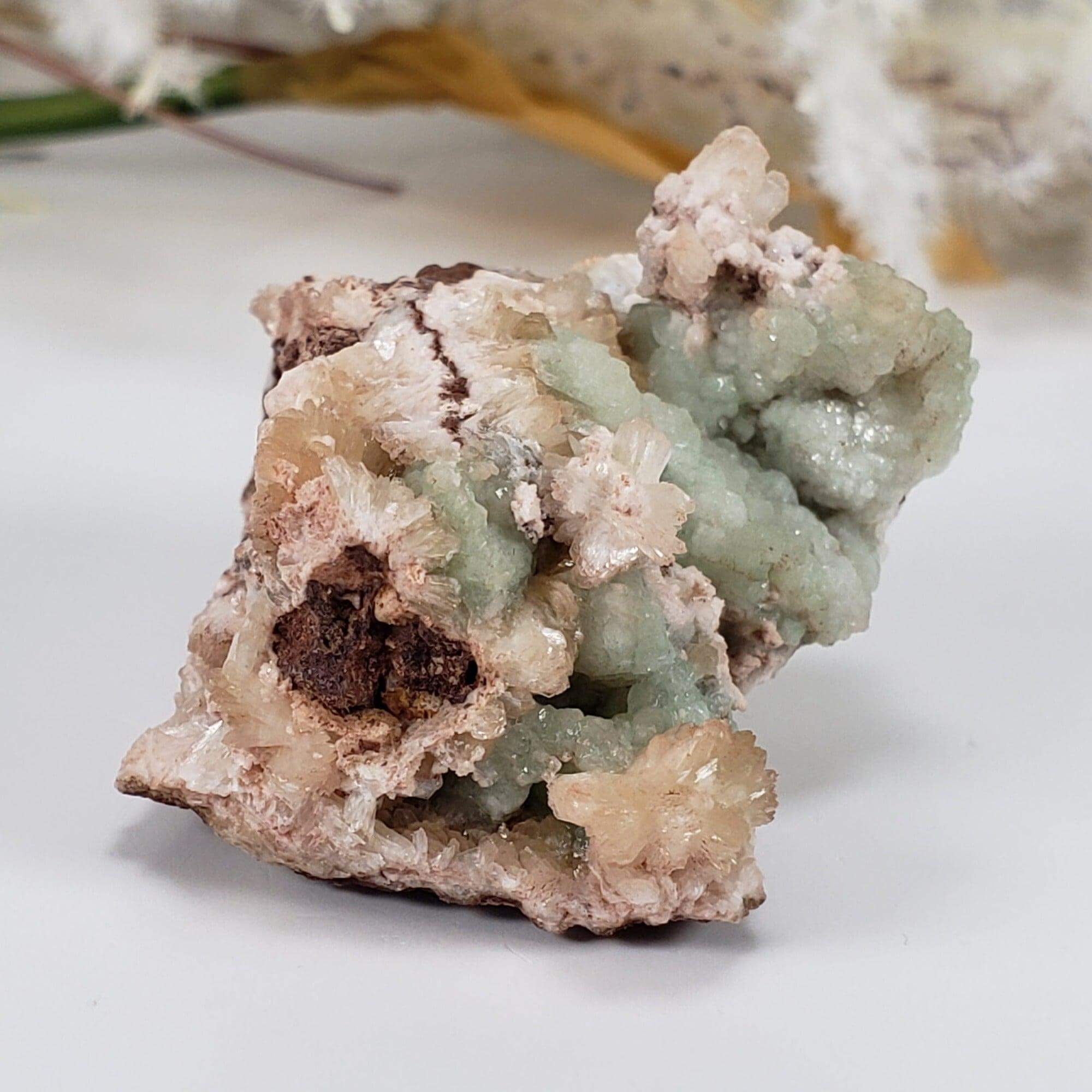 Apophyllite with pink high quality Stibnite cluster