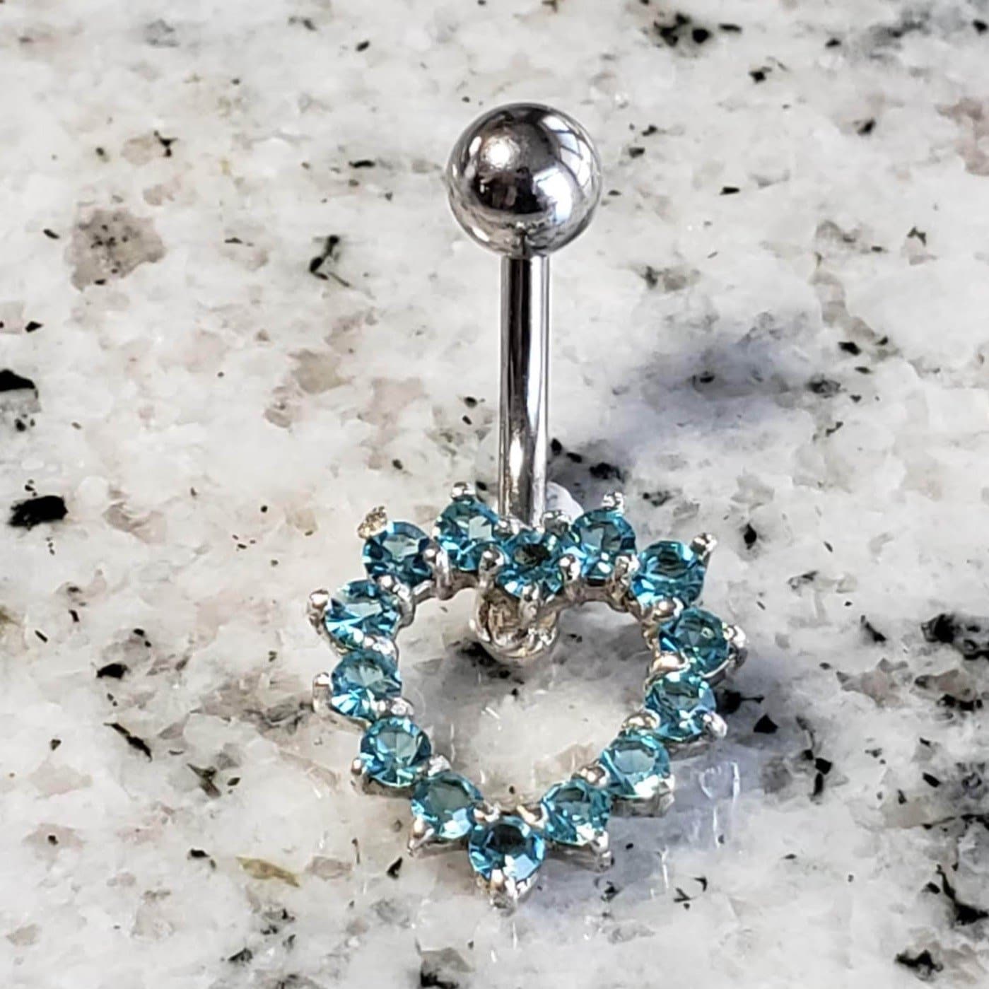 Heart Shape Belly Ring | Surgical Steel and 925 Silver | Aquamarine Crystal