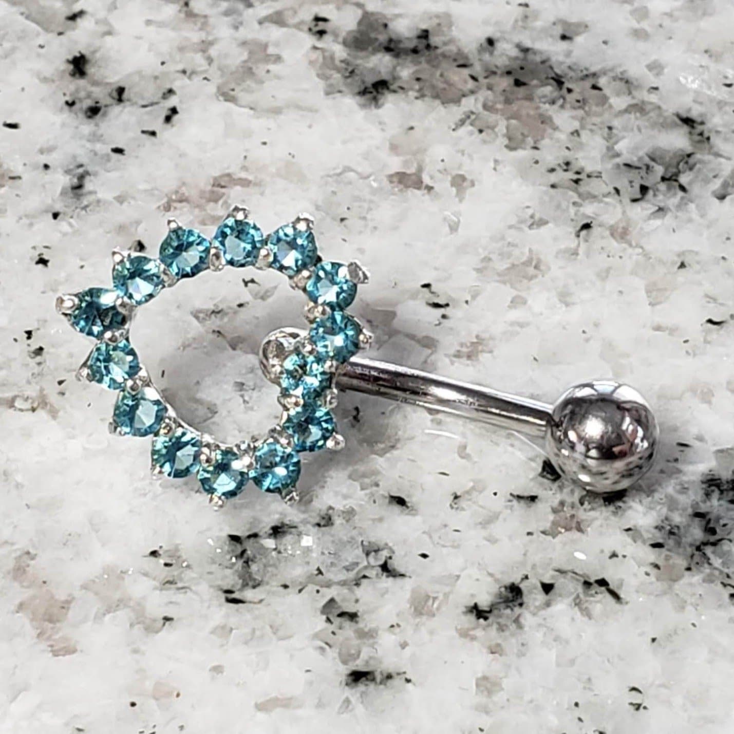 Heart Shape Belly Ring | Surgical Steel and 925 Silver | Aquamarine Crystal | Canagem.com