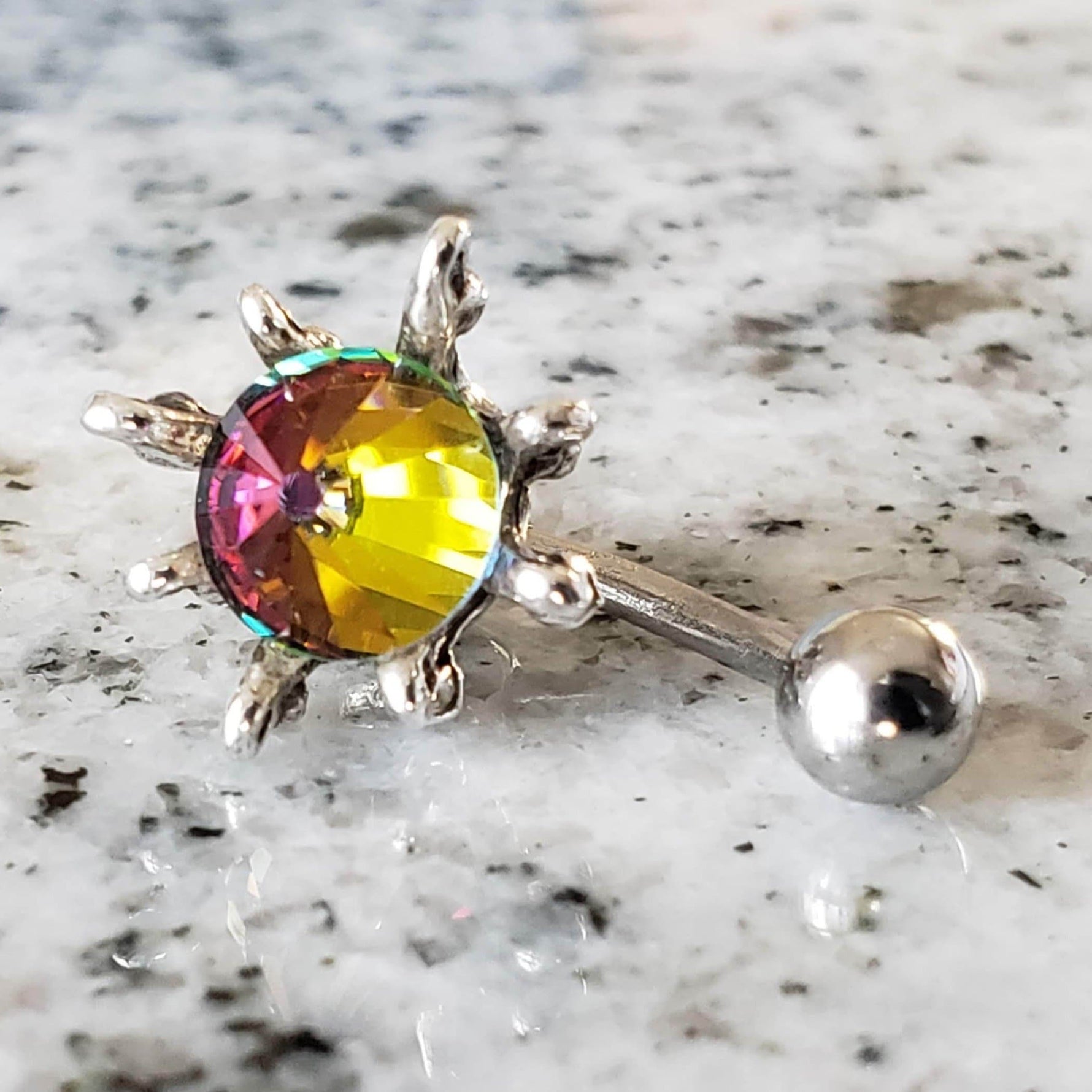 Lotus Belly Ring | Surgical Steel and 925 Silver | Rainbow Crystal