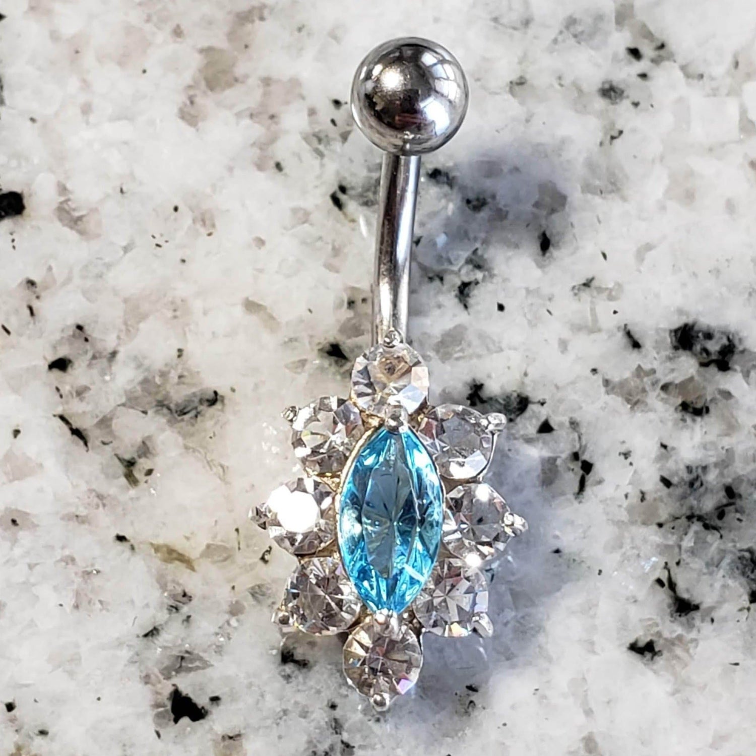 Marquise Belly Ring |  Surgical Steel and 925 Silver | Aquamarine Crystal and Cubic Zirconia